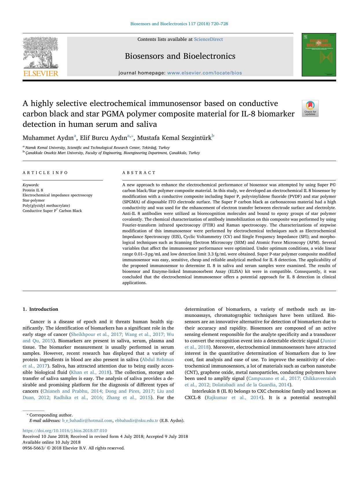 A highly selective electrochemical immunosensor based on conductive carbon black and star PGMA polymer composite material for IL-8 biomarker detection in human serum and saliva by Muhammet Aydın & Elif Burcu Aydın & Mustafa Kemal Sezgintürk