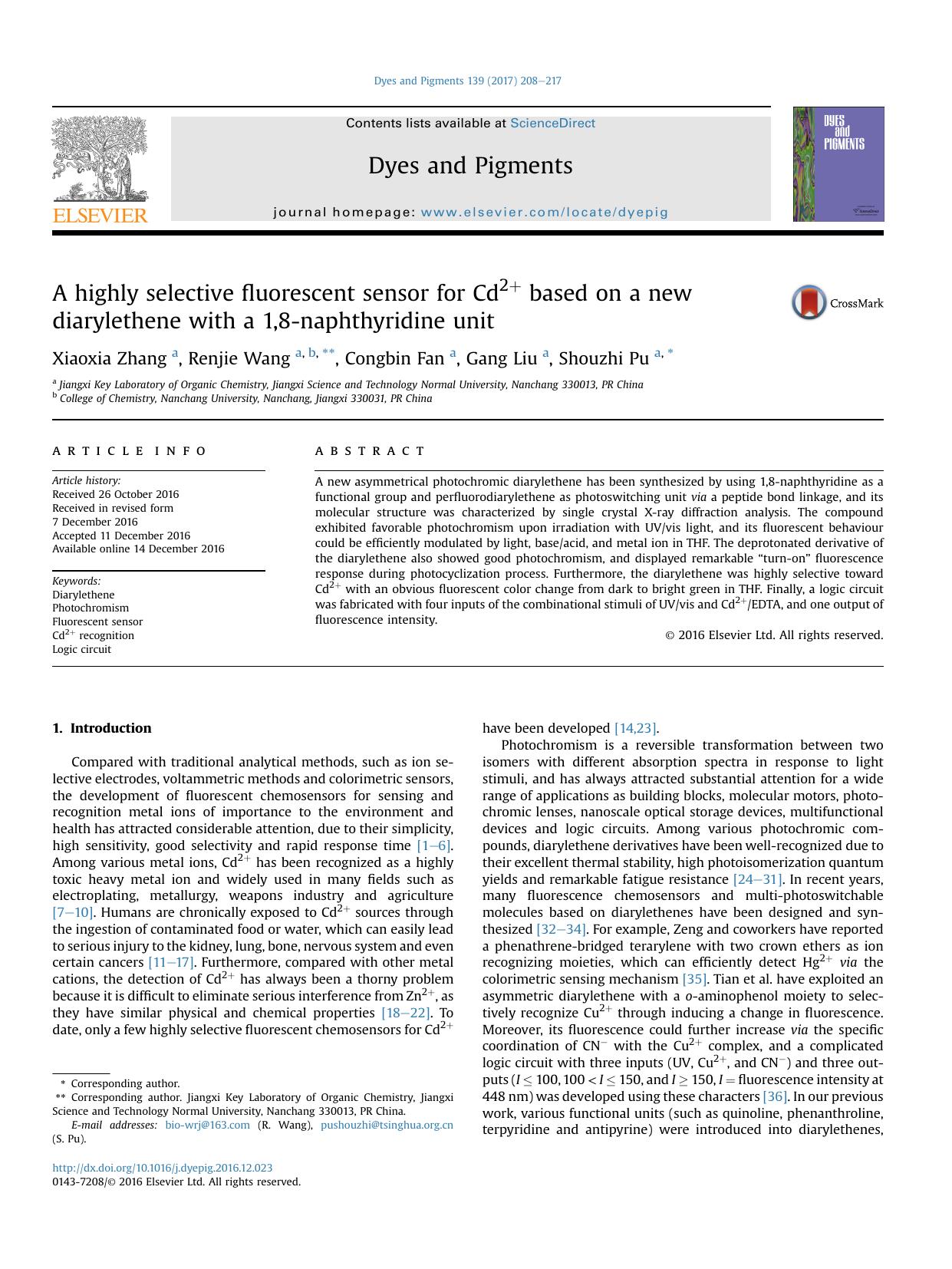 A highly selective fluorescent sensor for Cd2+ based on a new diarylethene with a 1,8-naphthyridine unit by Xiaoxia Zhang & Renjie Wang & Congbin Fan & Gang Liu & Shouzhi Pu
