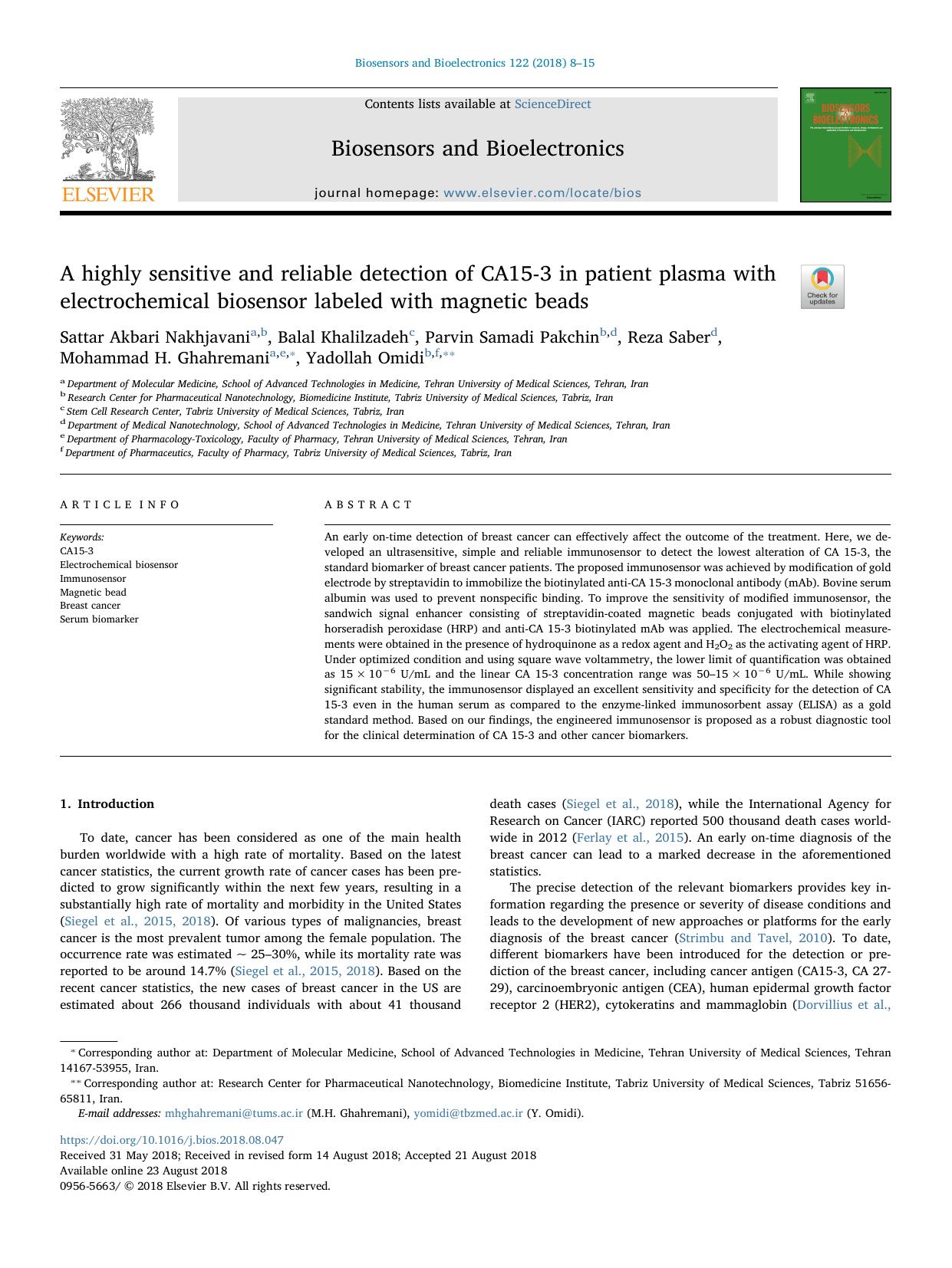 A highly sensitive and reliable detection of CA15-3 in patient plasma with electrochemical biosensor labeled with magnetic beads by unknow