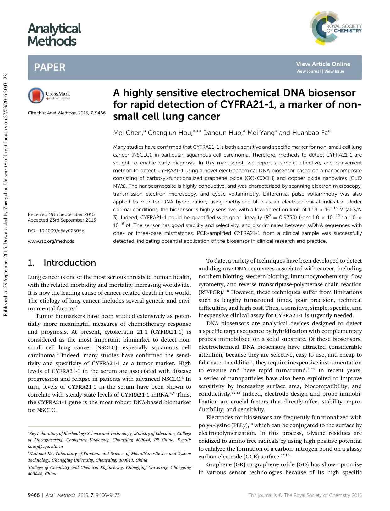 A highly sensitive electrochemical DNA biosensor for rapid detection of CYFRA21-1, a marker of non-small cell lung cancer by Mei Chen & Changjun Hou & Danqun Huo & Mei Yang & Huanbao Fa