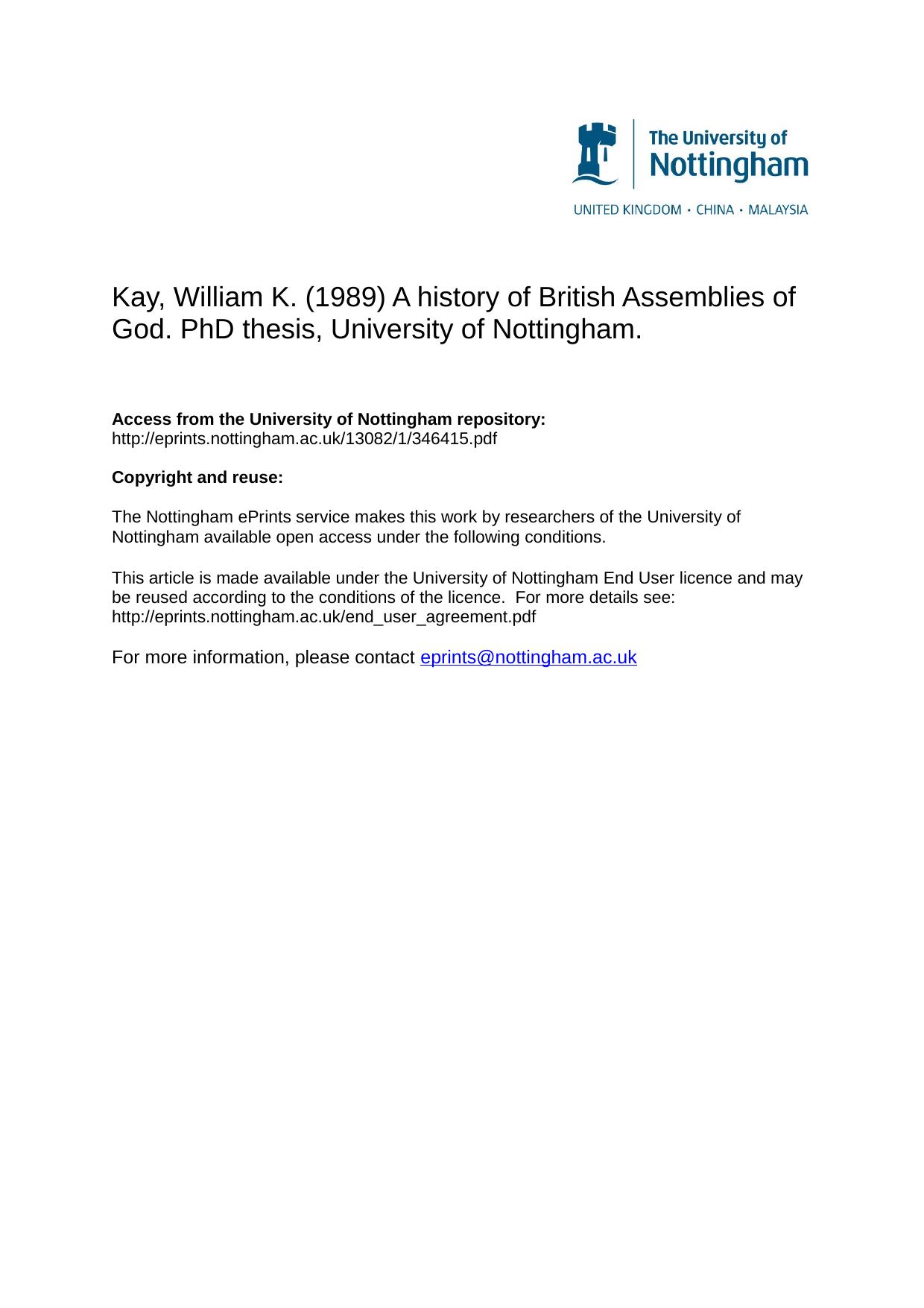 A history of British Assemblies of God. PhD thesis, University of Nottingham. by Kay William K
