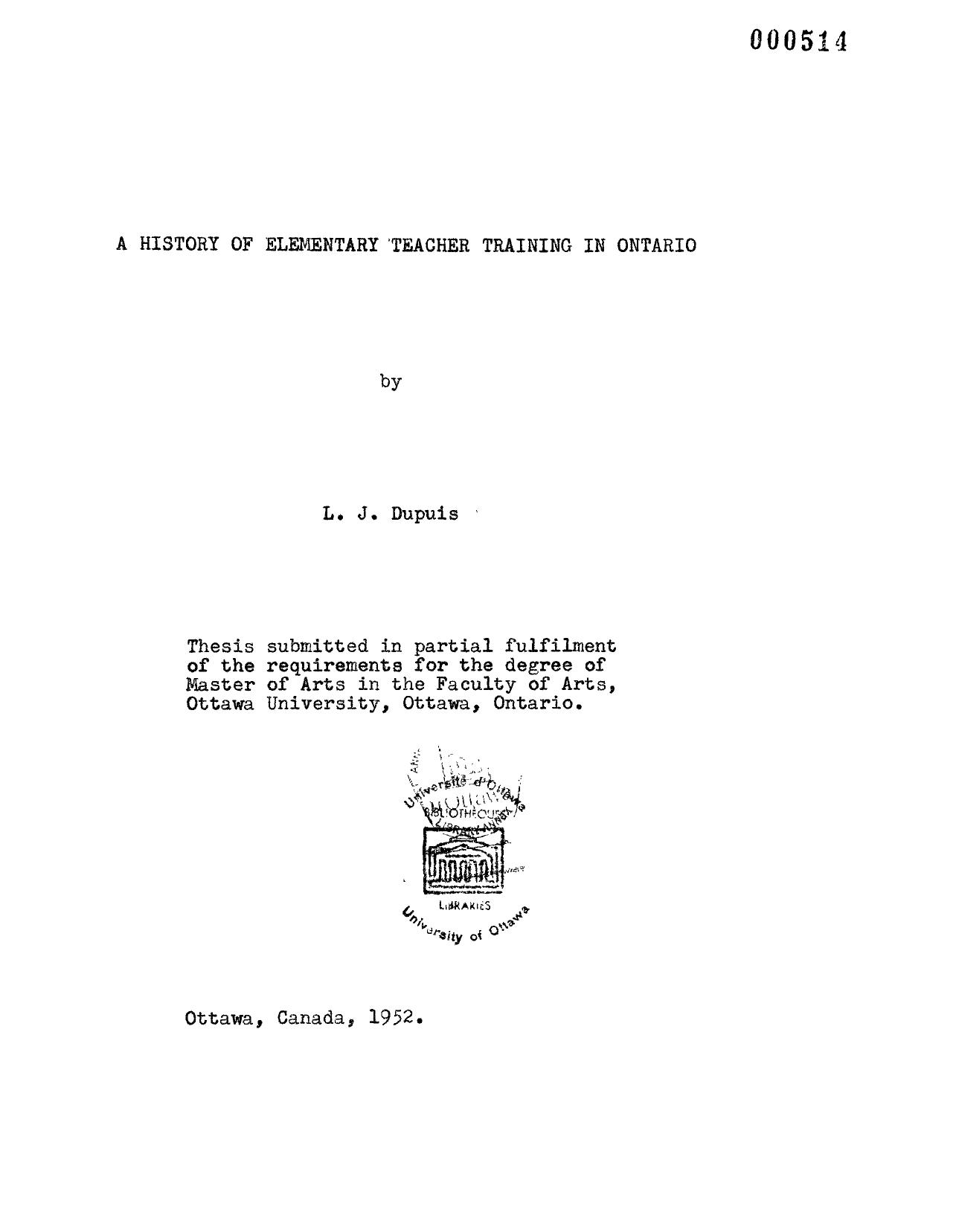 A history of elementary teacher training in Ontario by Dupuis L. J
