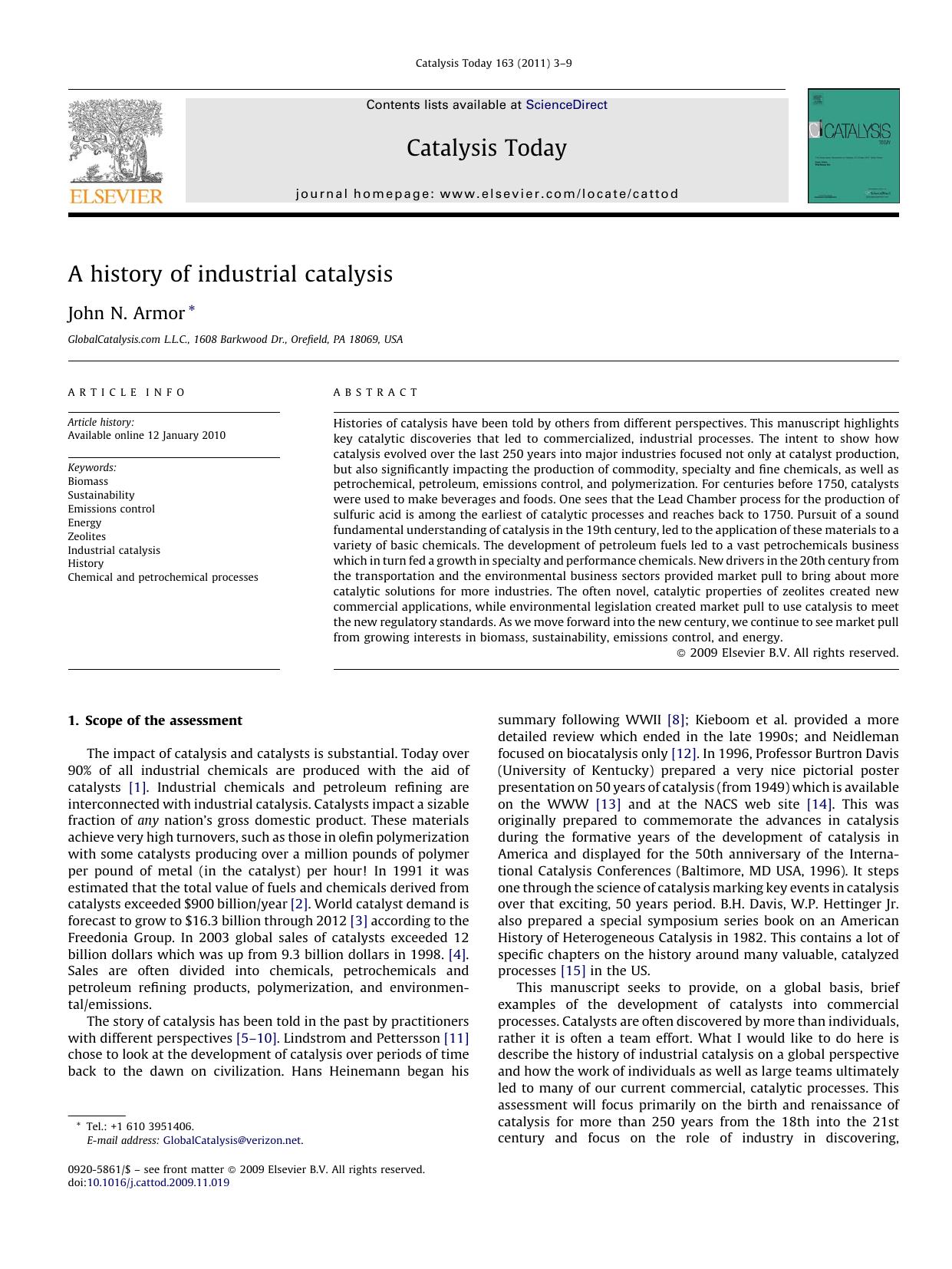 A history of industrial catalysis by John N. Armor