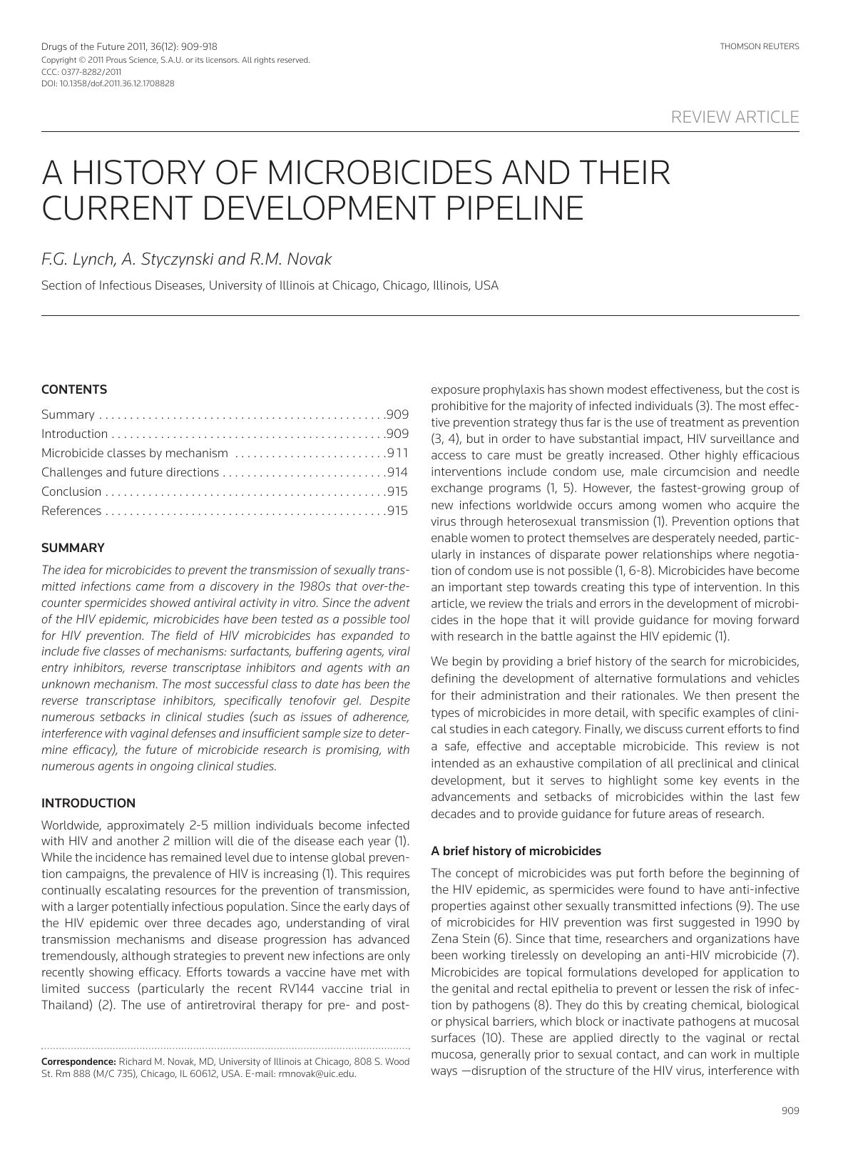 A history of microbicides and their current development pipeline by Copyright © 2011 Prous Science & S.A.U. or its licensors. All rights reserved