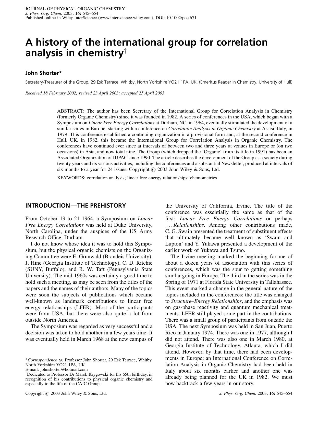 A history of the international group for correlation analysis in chemistry by Unknown