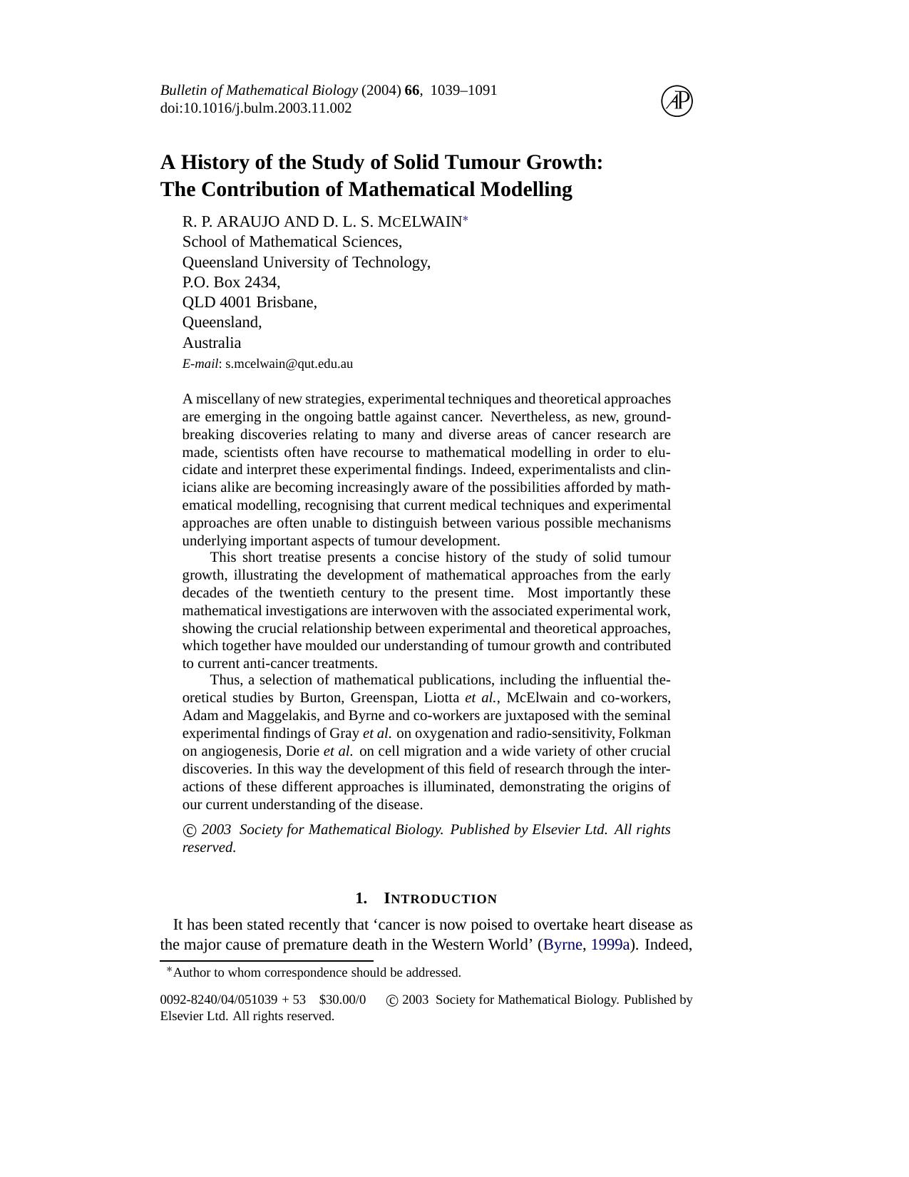 A history of the study of solid tumour growth: The contribution of mathematical modelling by Unknown