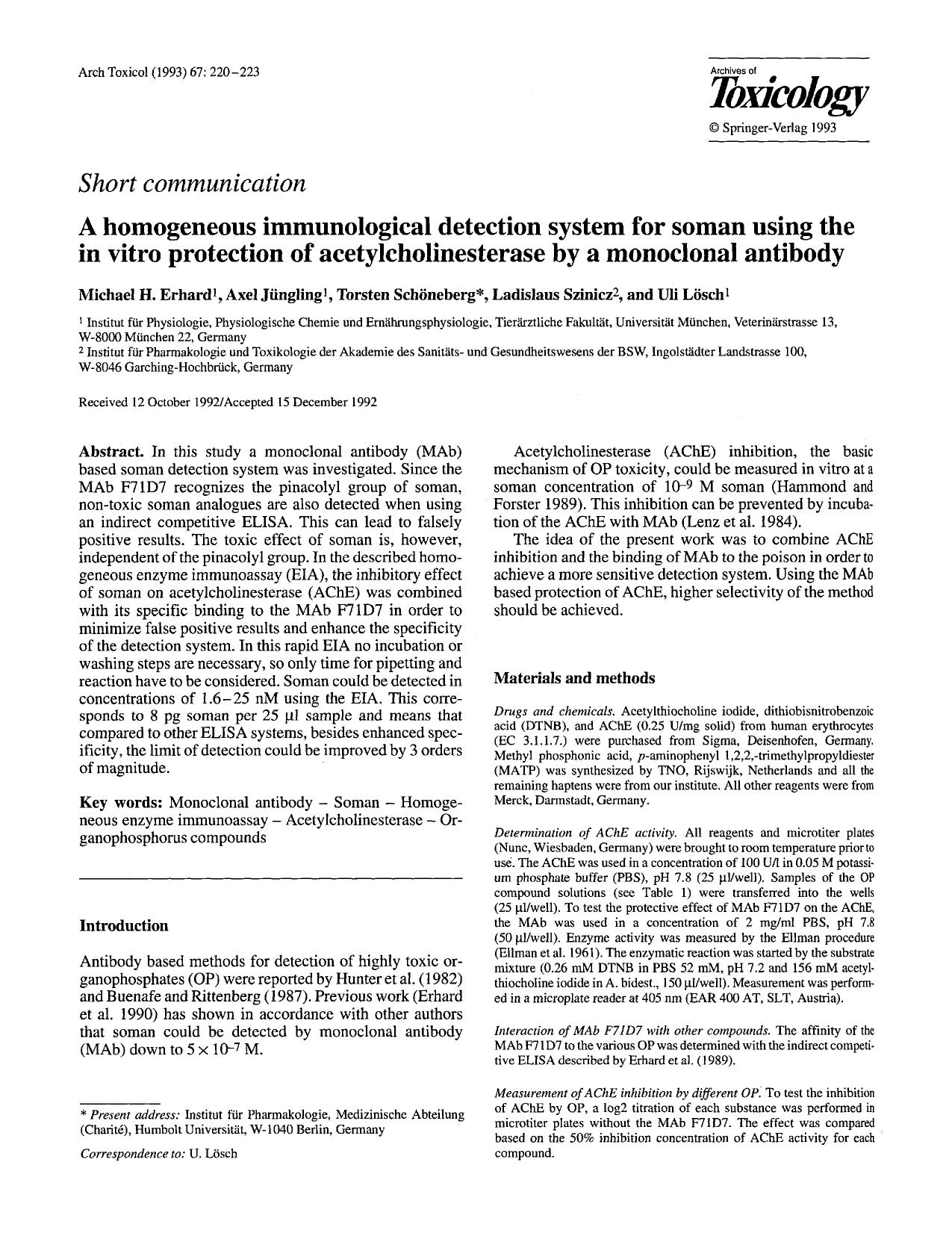 A homogeneous immunological detection system for soman using the in vitro protection of acetylcholinesterase by a monoclonal antibody by Unknown