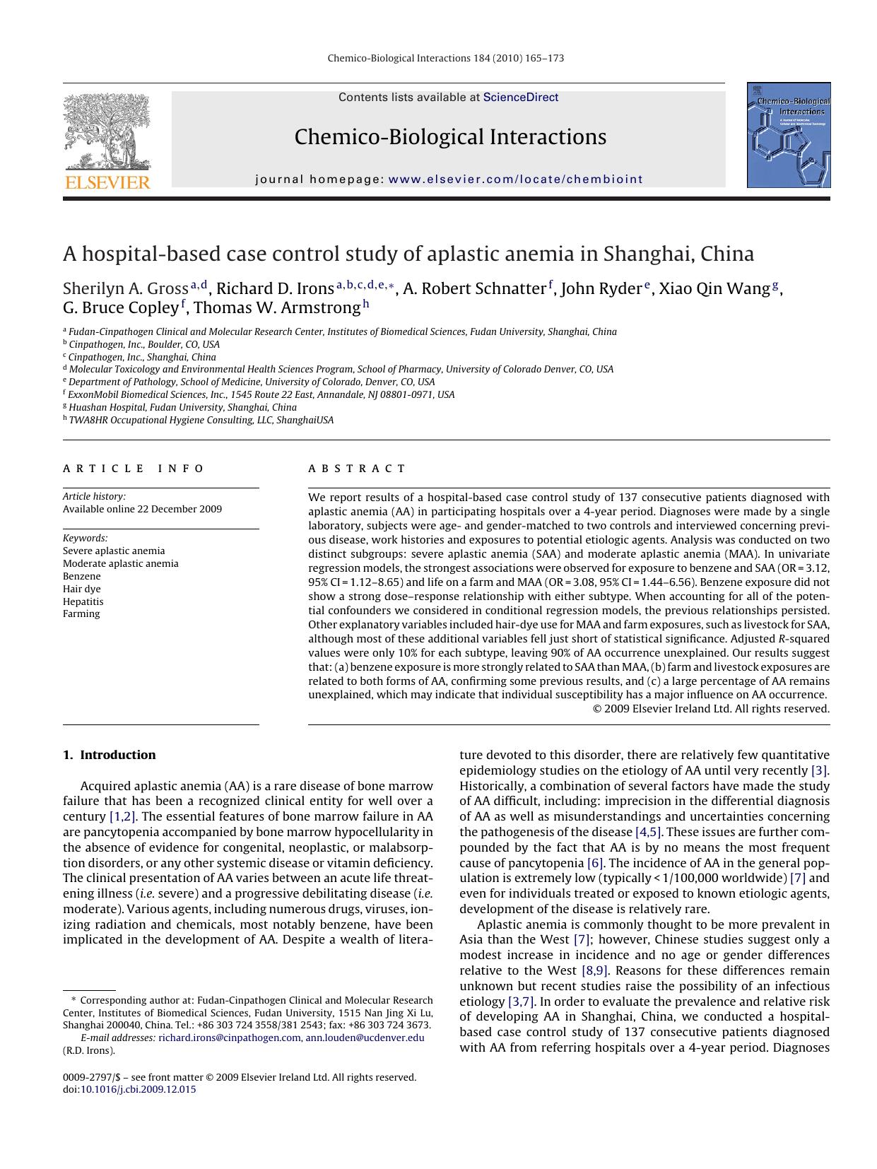 A hospital-based case control study of aplastic anemia in Shanghai, China by unknow