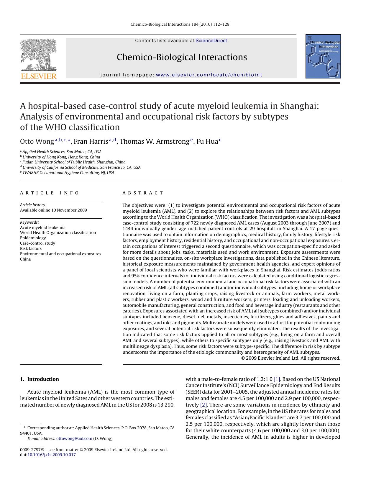A hospital-based case-control study of acute myeloid leukemia in Shanghai: Analysis of environmental and occupational risk factors by subtypes of the WHO classification by Otto Wong; Fran Harris; Thomas W. Armstrong; Fu Hua