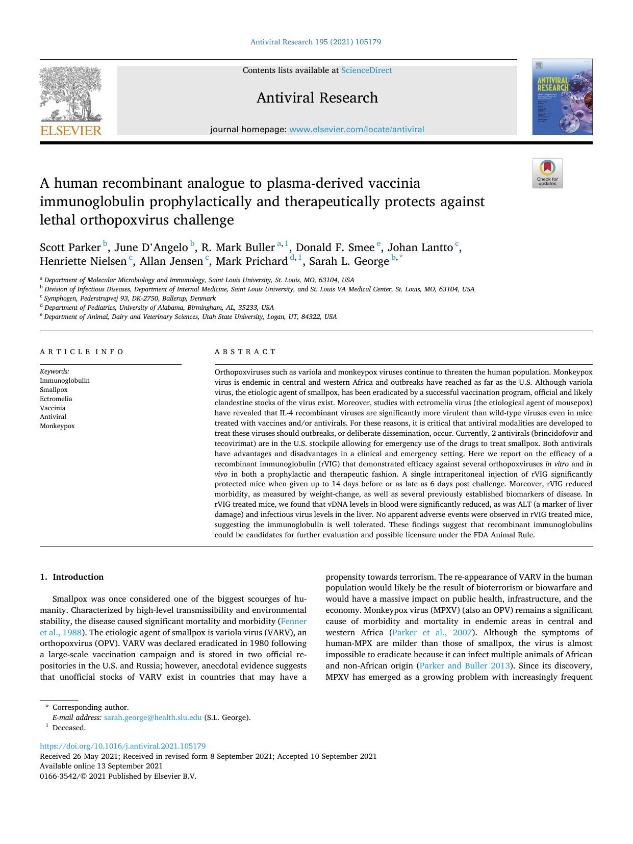 A human recombinant analogue to plasma-derived vaccinia immunoglobulin prophylactically and therapeutically protects against lethal orthopoxvirus challenge by unknow
