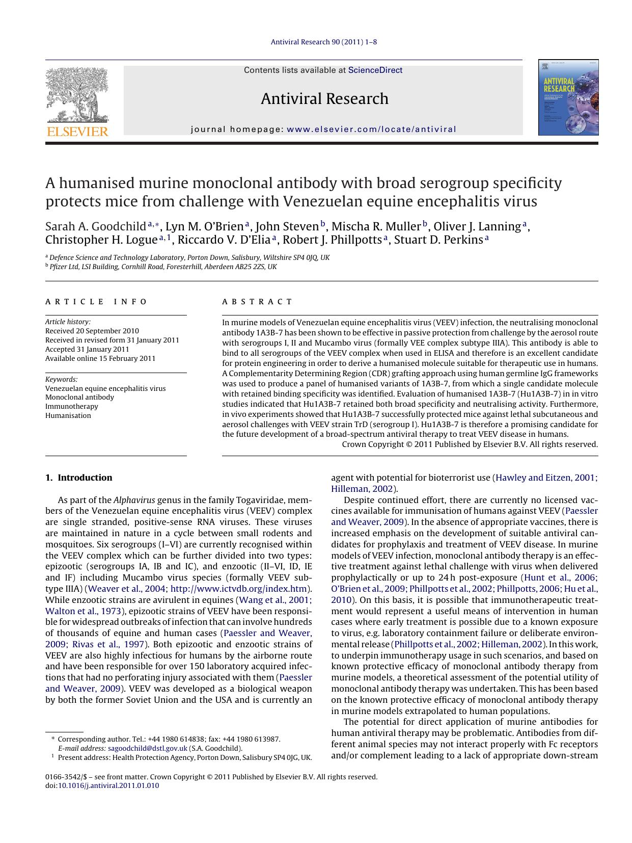 A humanised murine monoclonal antibody with broad serogroup specificity protects mice from challenge with Venezuelan equine encephalitis virus by Sarah A. Goodchild