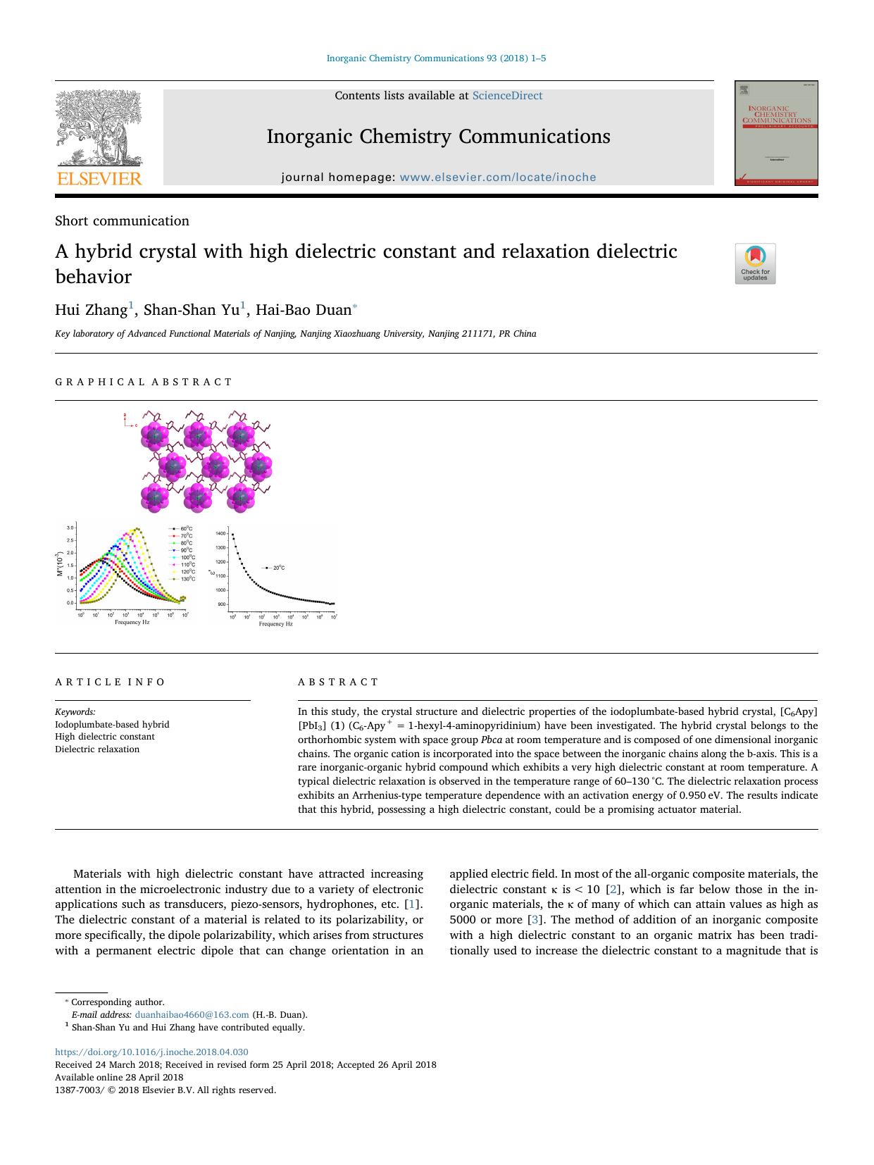 A hybrid crystal with high dielectric constant and relaxation dielectric behavior by Hui Zhang & Shan-Shan Yu & Hai-Bao Duan