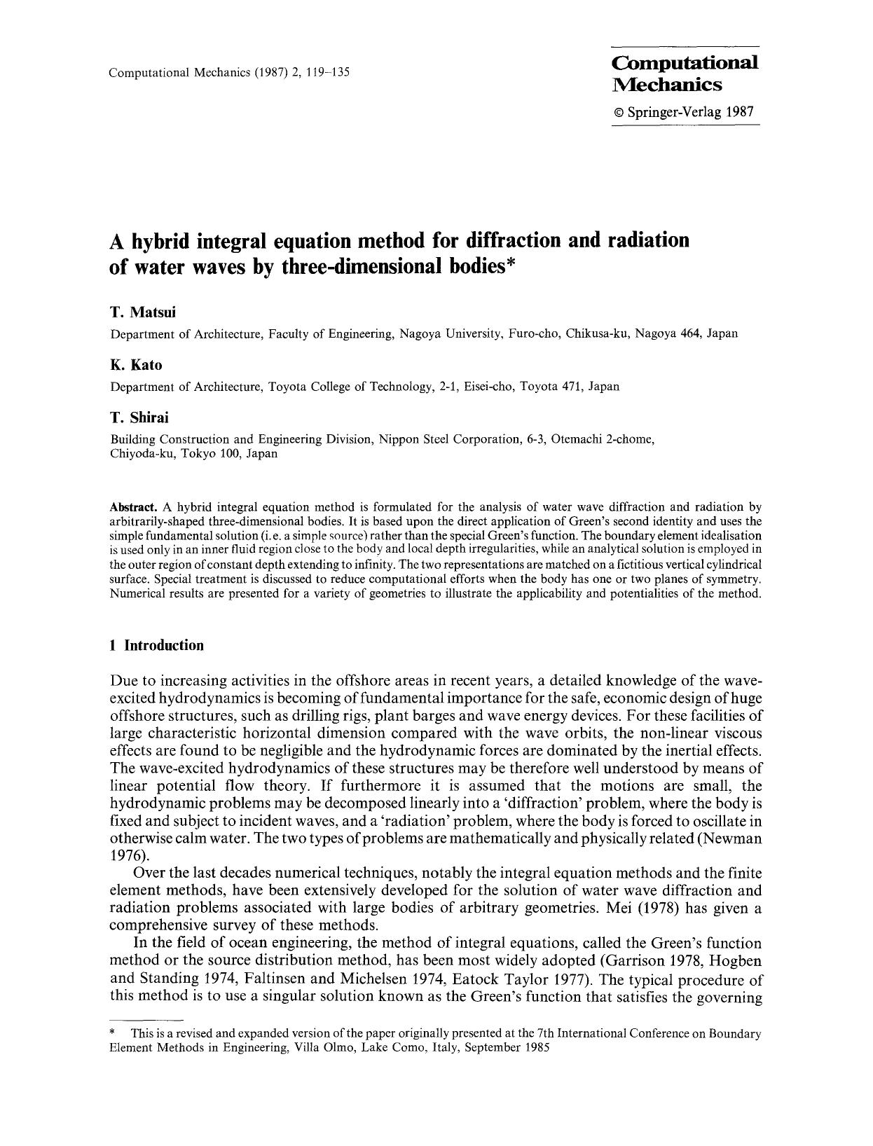 A hybrid integral equation method for diffraction and radiation of water waves by three-dimensional bodies by Unknown