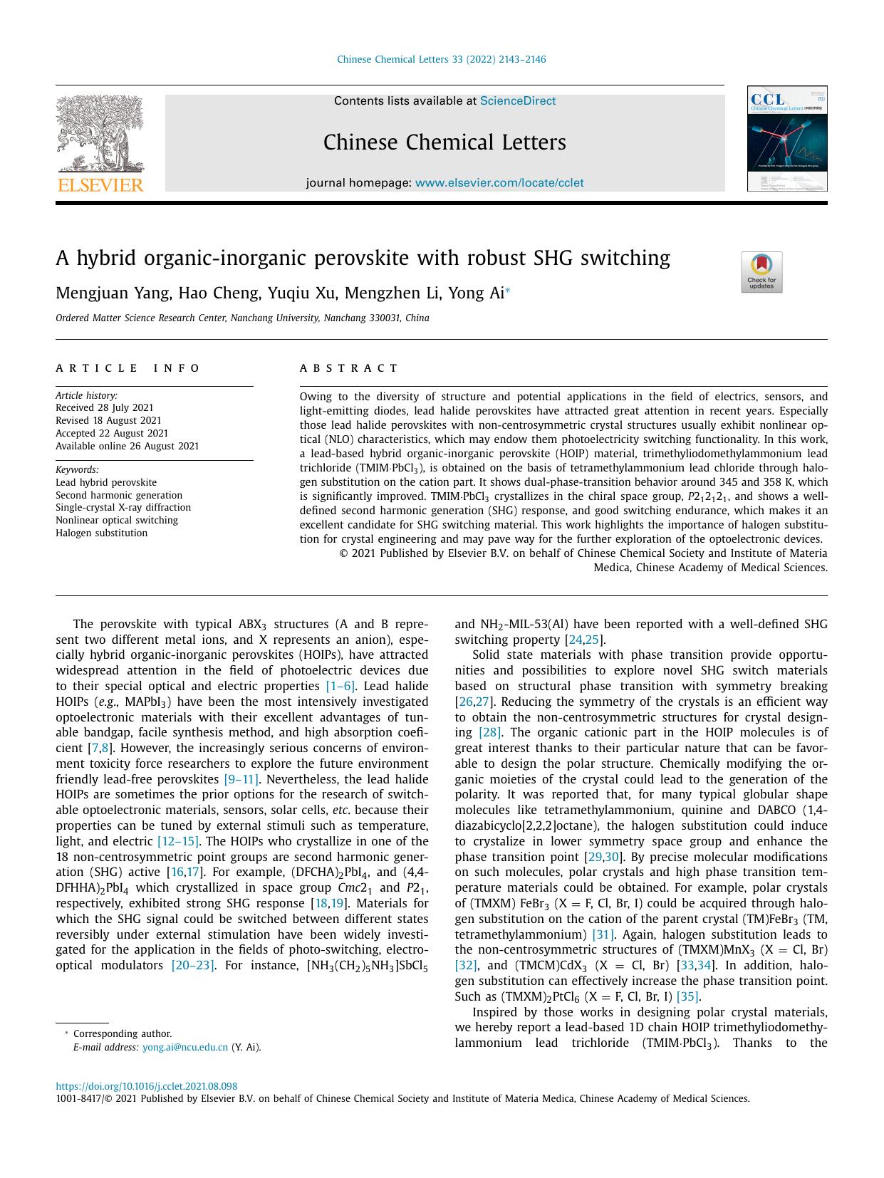 A hybrid organic-inorganic perovskite with robust SHG switching by Mengjuan Yang & Hao Cheng & Yuqiu Xu & Mengzhen Li & Yong Ai