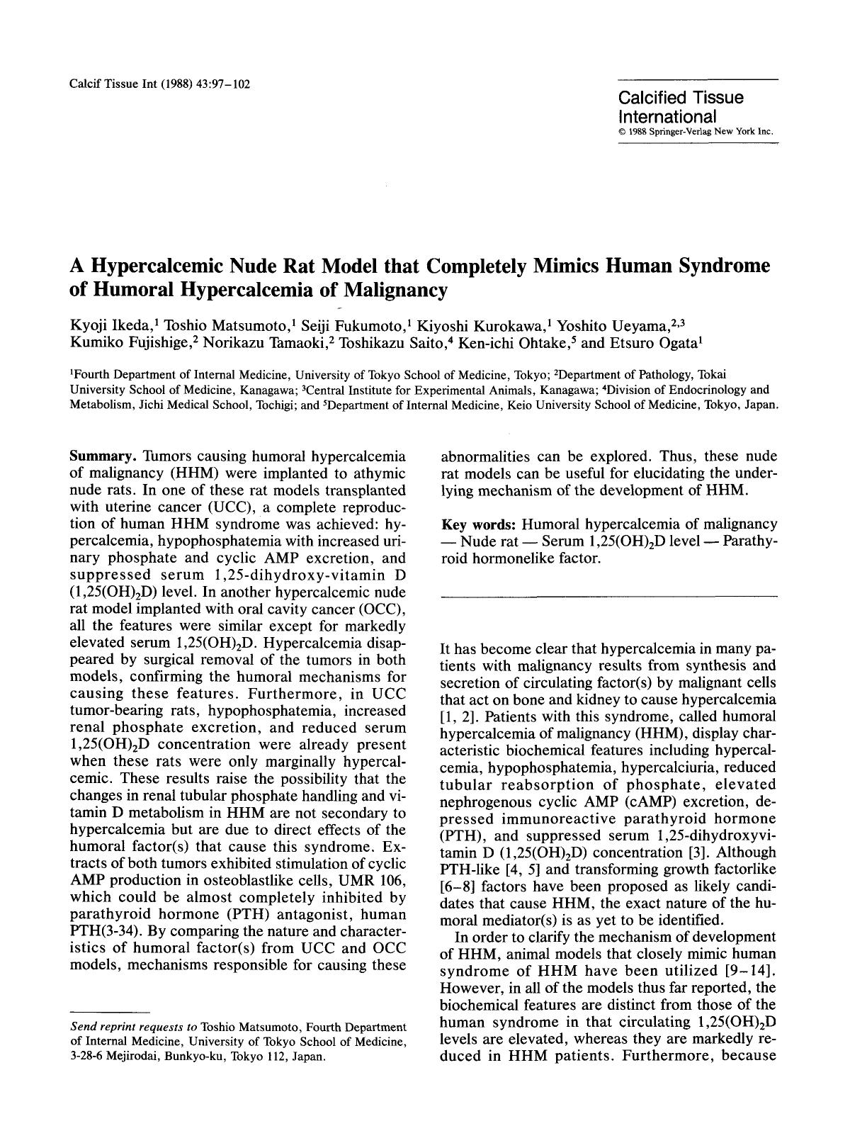A hypercalcemic nude rat model that completely mimics human syndrome of humoral hypercalcemia of malignancy by Unknown