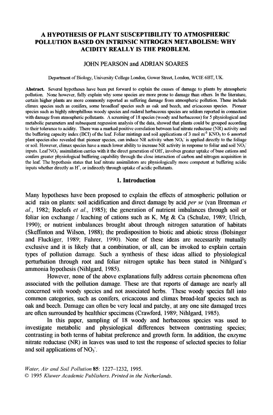 A hypothesis of plant susceptibility to atmospheric pollution based on intrinsic nitrogen metabolism: Why acidity really is the problem by Unknown