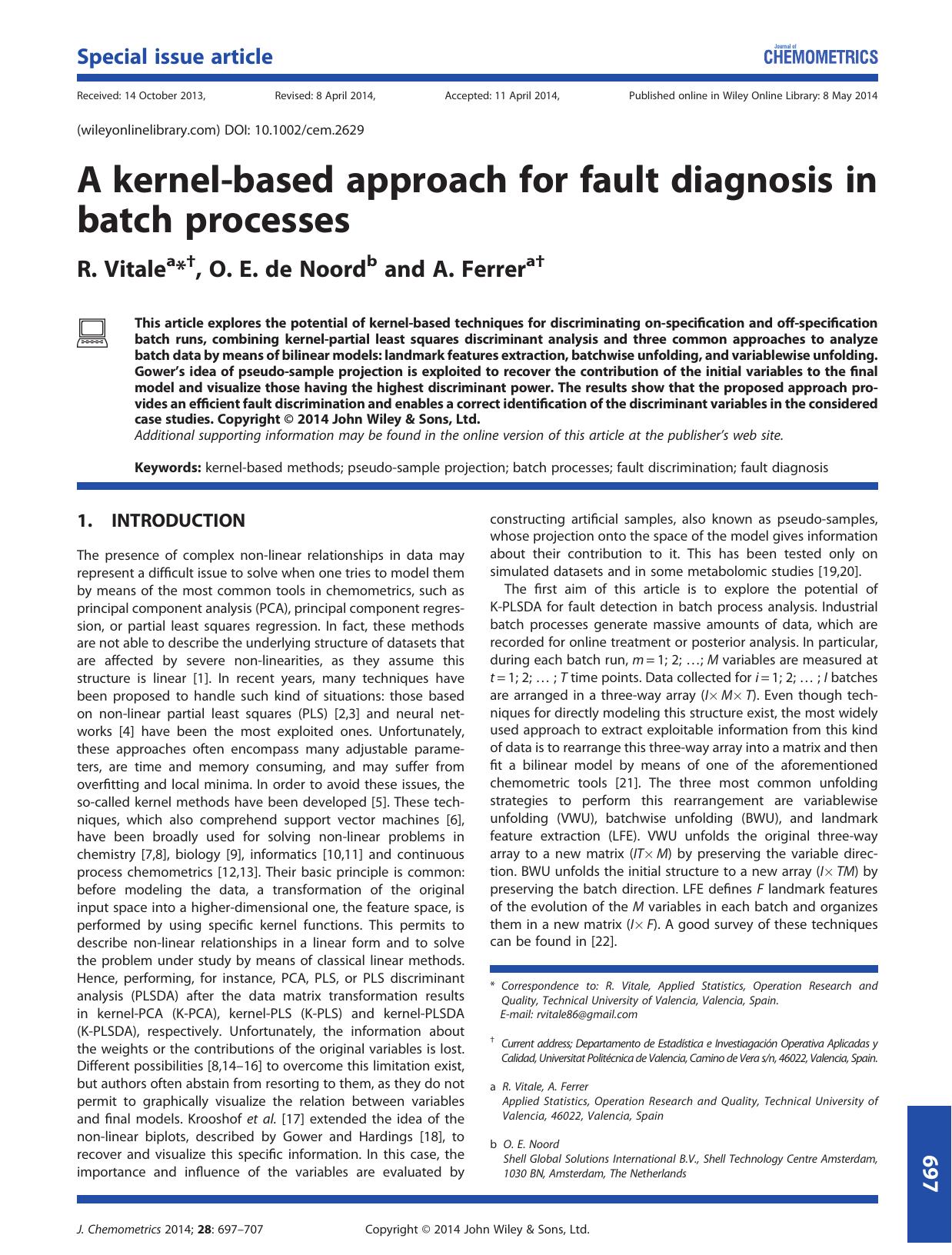 A kernel-based approach for fault diagnosis in batch processes by R. Vitale & O. E. Noord & A. Ferrer