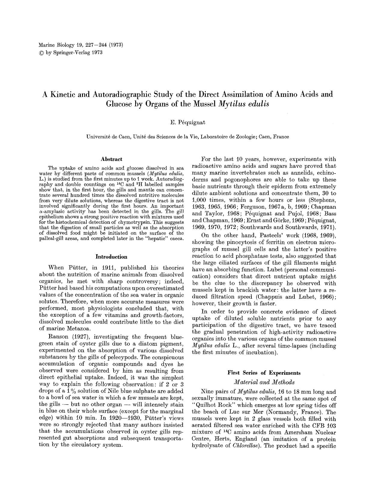 A kinetic and autoradiographic study of the direct assimilation of amino acids and glucose by organs of the mussel <Emphasis Type="Italic">Mytilus edulis <Emphasis> by Unknown