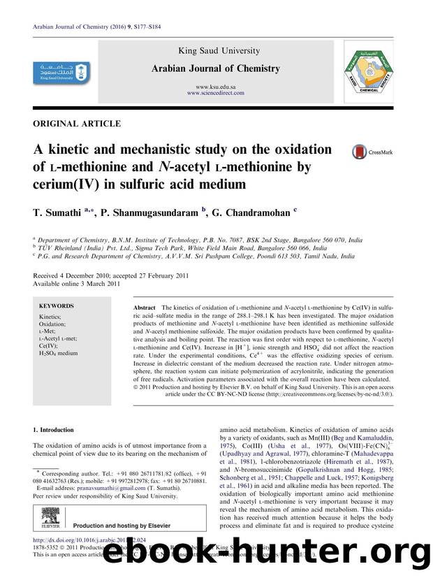 A kinetic and mechanistic study on the oxidation of l-methionine and N-acetyl l-methionine by cerium(IV) in sulfuric acid medium by T. Sumathi & P. Shanmugasundaram & G. Chandramohan