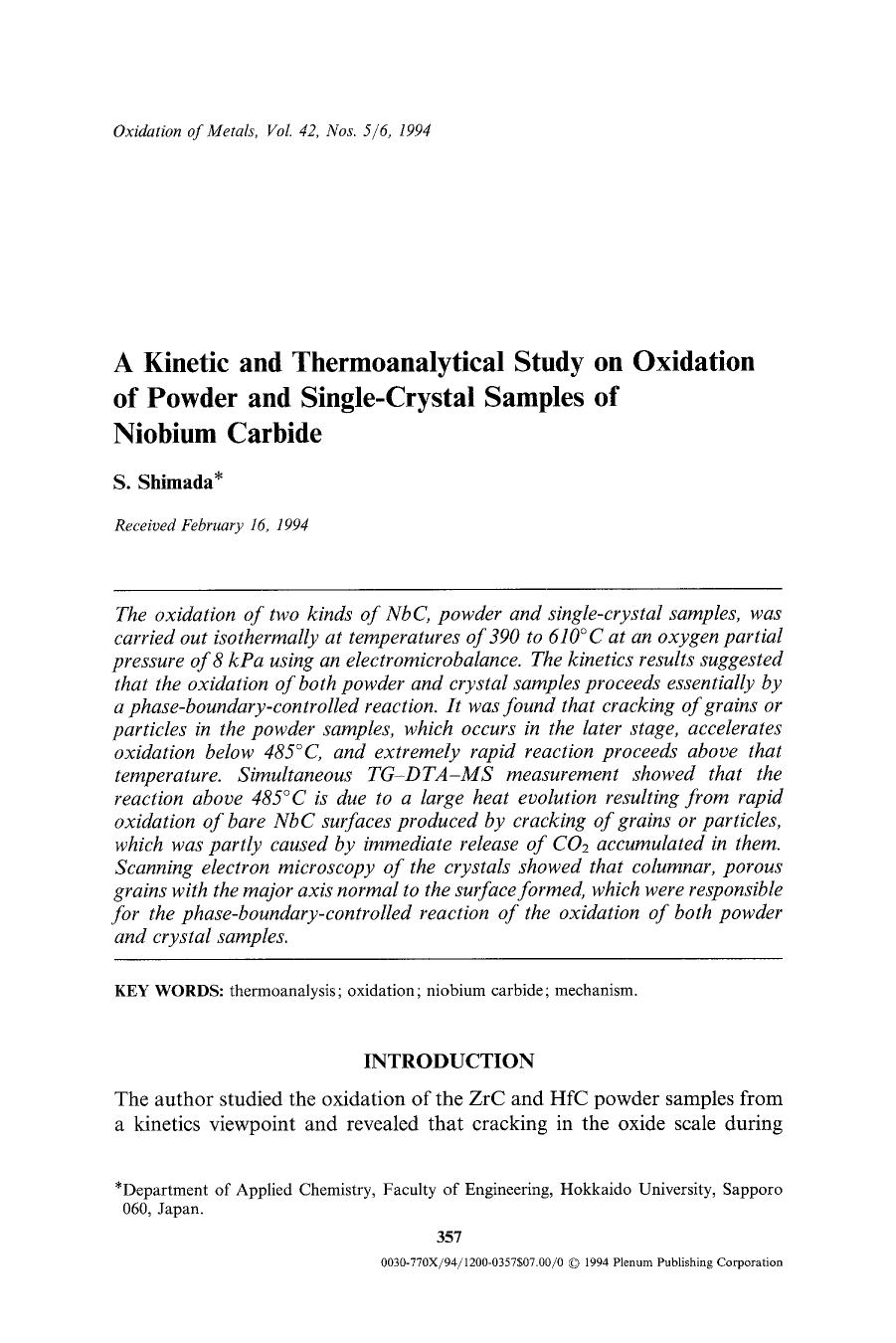 A kinetic and thermoanalytical study on oxidation of powder and single-crystal samples of niobium carbide by Unknown