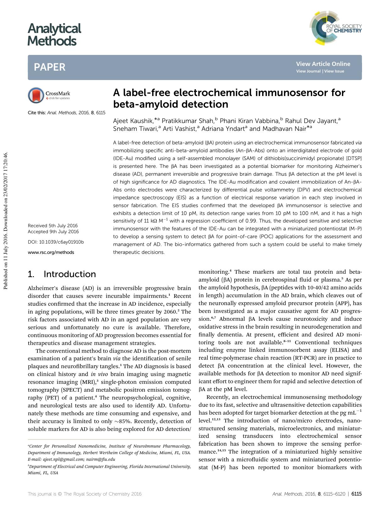 A label-free electrochemical immunosensor for beta-amyloid detection by unknow