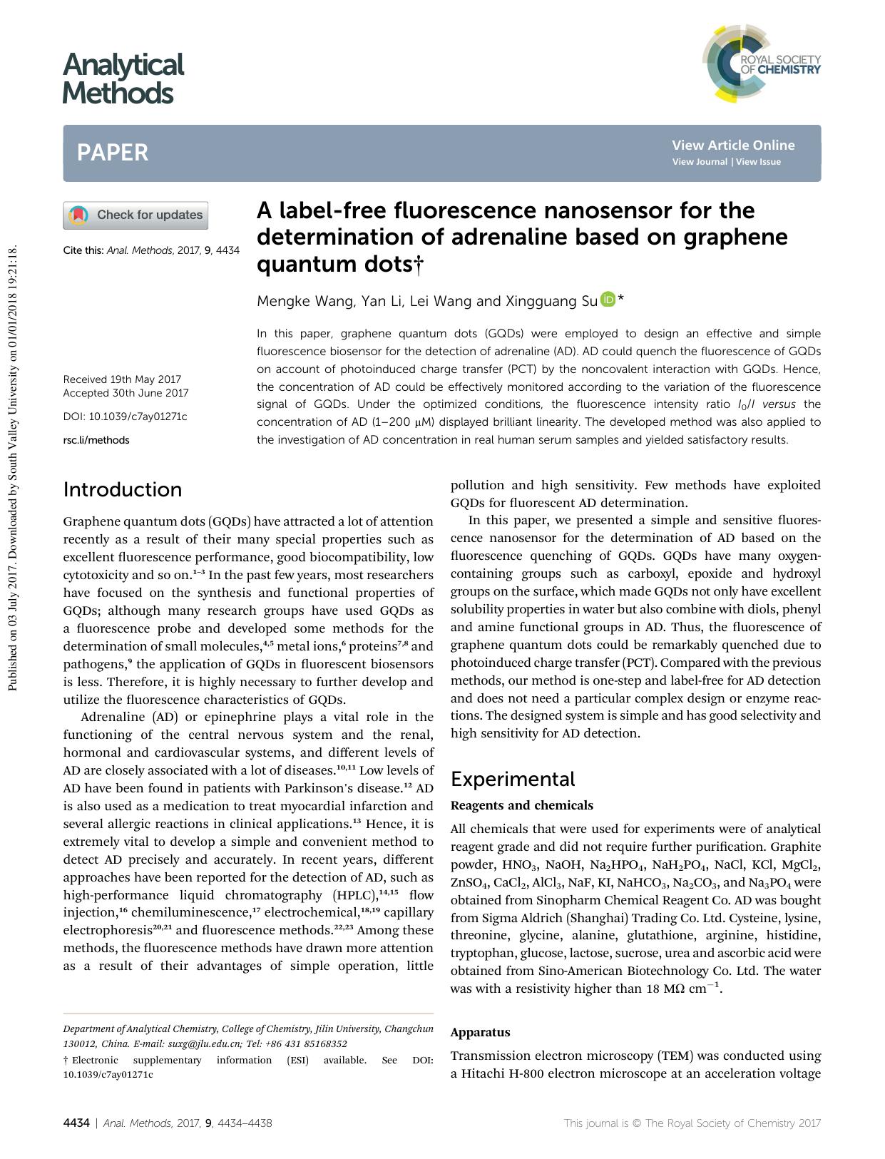 A label-free fluorescence nanosensor for the determination of adrenaline based on graphene quantum dots by Mengke Wang & Yan Li & Lei Wang & Xingguang Su