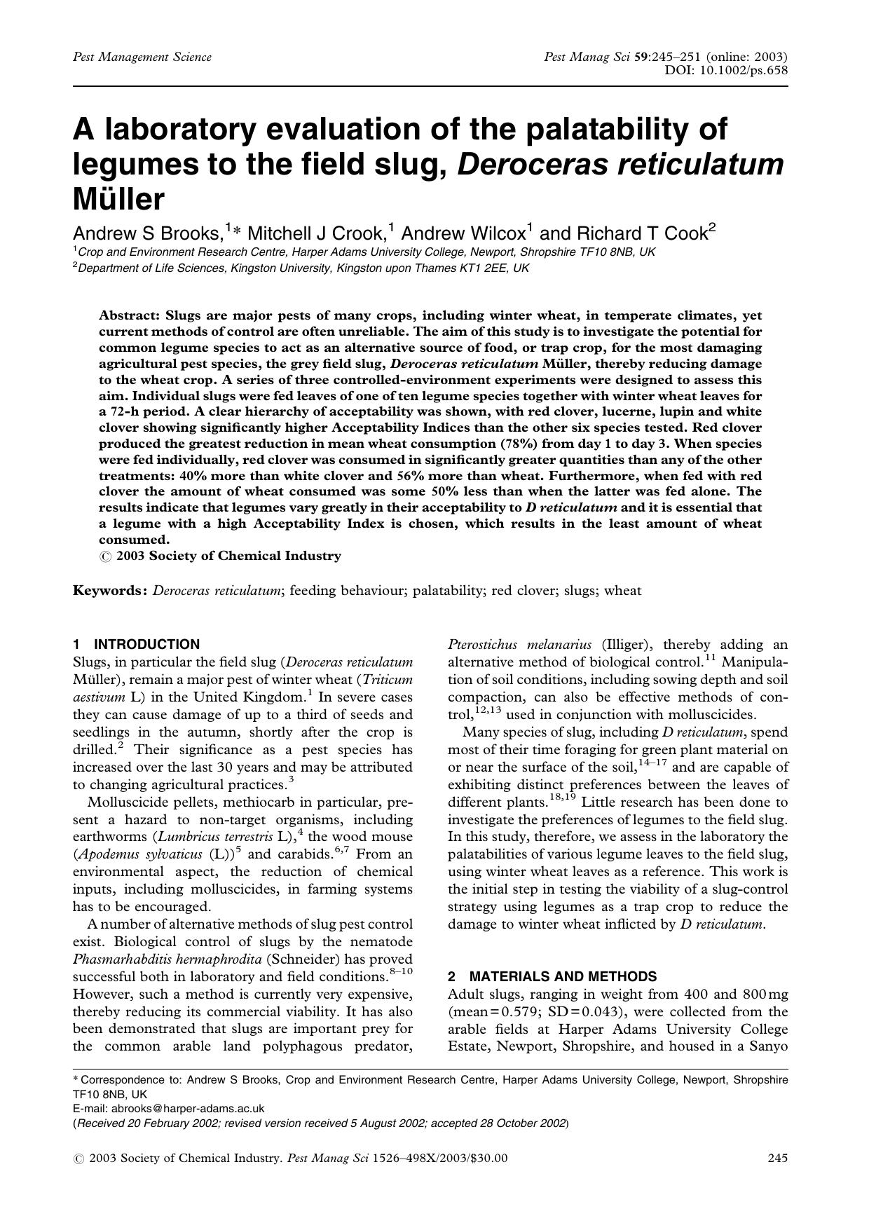 A laboratory evaluation of the palatability of legumes to the field slug, Deroceras reticulatum MÃ¼ller by Unknown