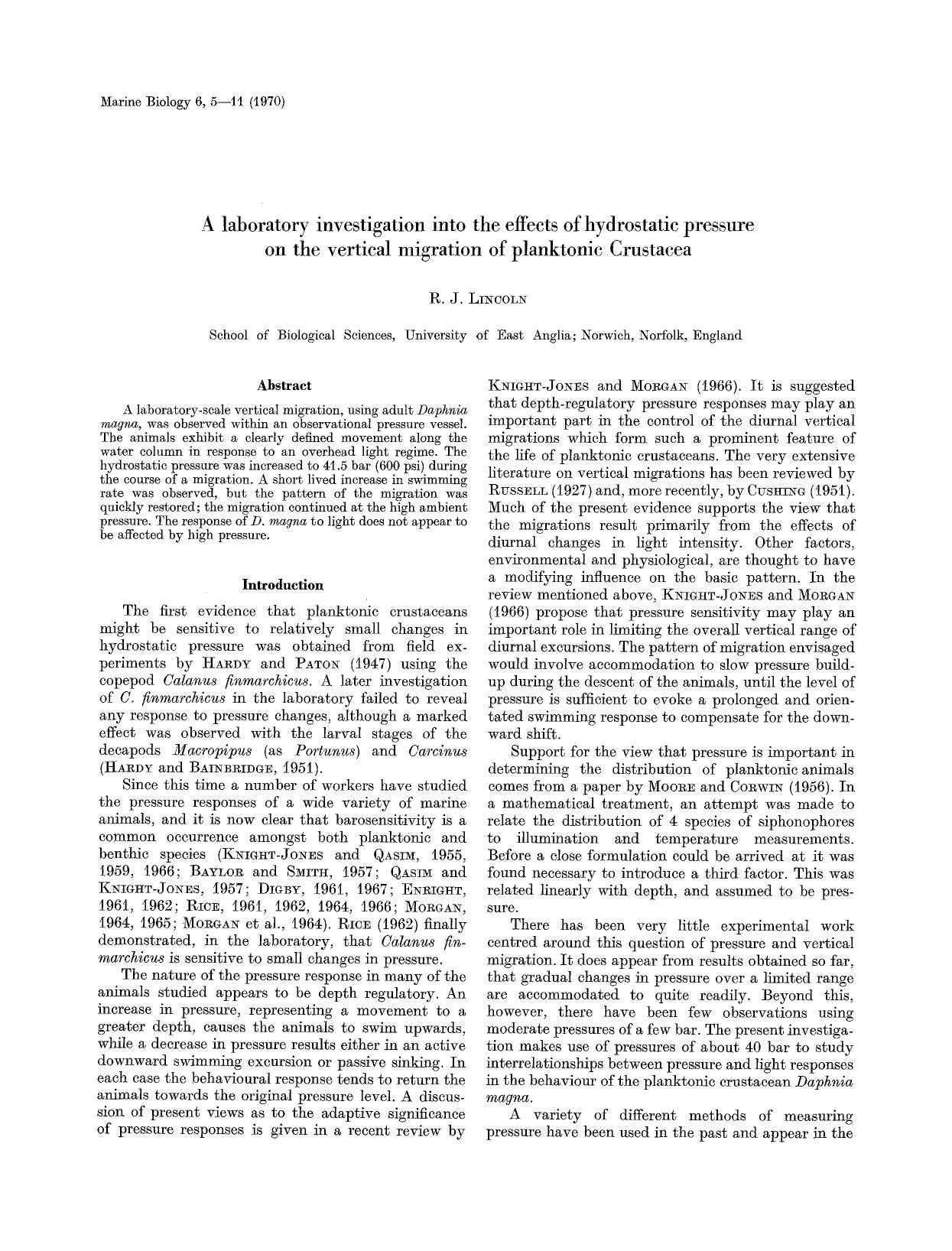 A laboratory investigation into the effects of hydrostatic pressure on the vertical migration of planktonic Crustacea by Unknown