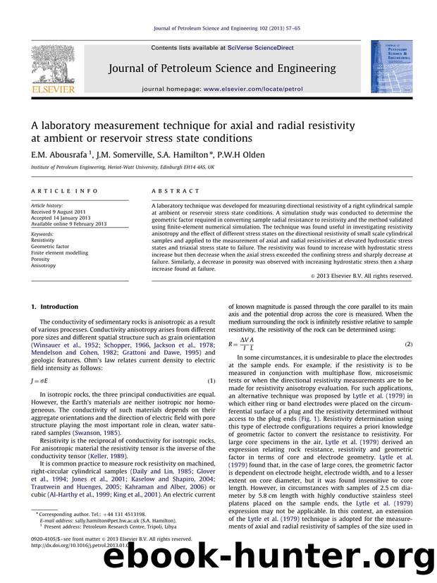 A laboratory measurement technique for axial and radial resistivity at ambient or reservoir stress state conditions by E.M. Abousrafa & J.M. Somerville & S.A. Hamilton & P.W.H Olden