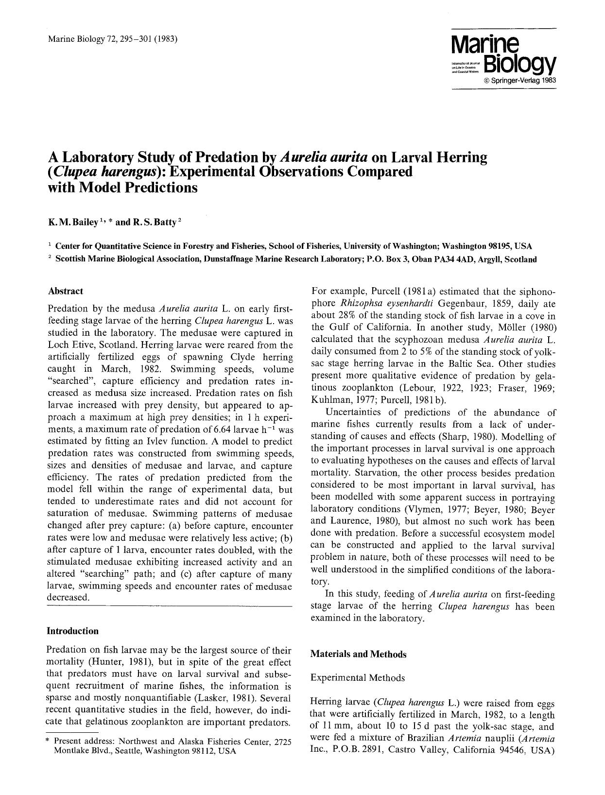 A laboratory study of predation by <Emphasis Type="Italic">Aurelia aurita<Emphasis> on larval herring (<Emphasis Type="Italic">Clupea harengus<Emphasis>): Experimental observations by Unknown