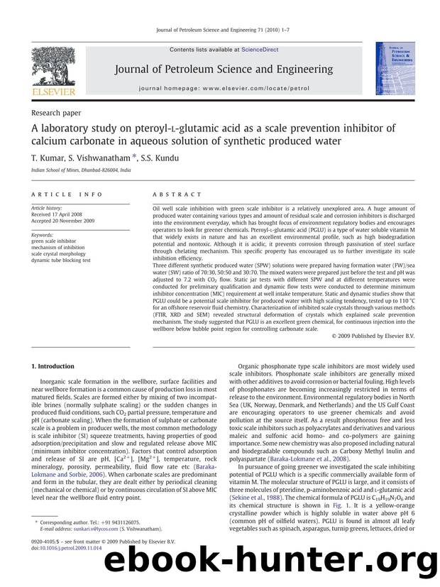 A laboratory study on pteroyl-l-glutamic acid as a scale prevention inhibitor of calcium carbonate in aqueous solution of synthetic produced water by T. Kumar; S. Vishwanatham; S.S. Kundu