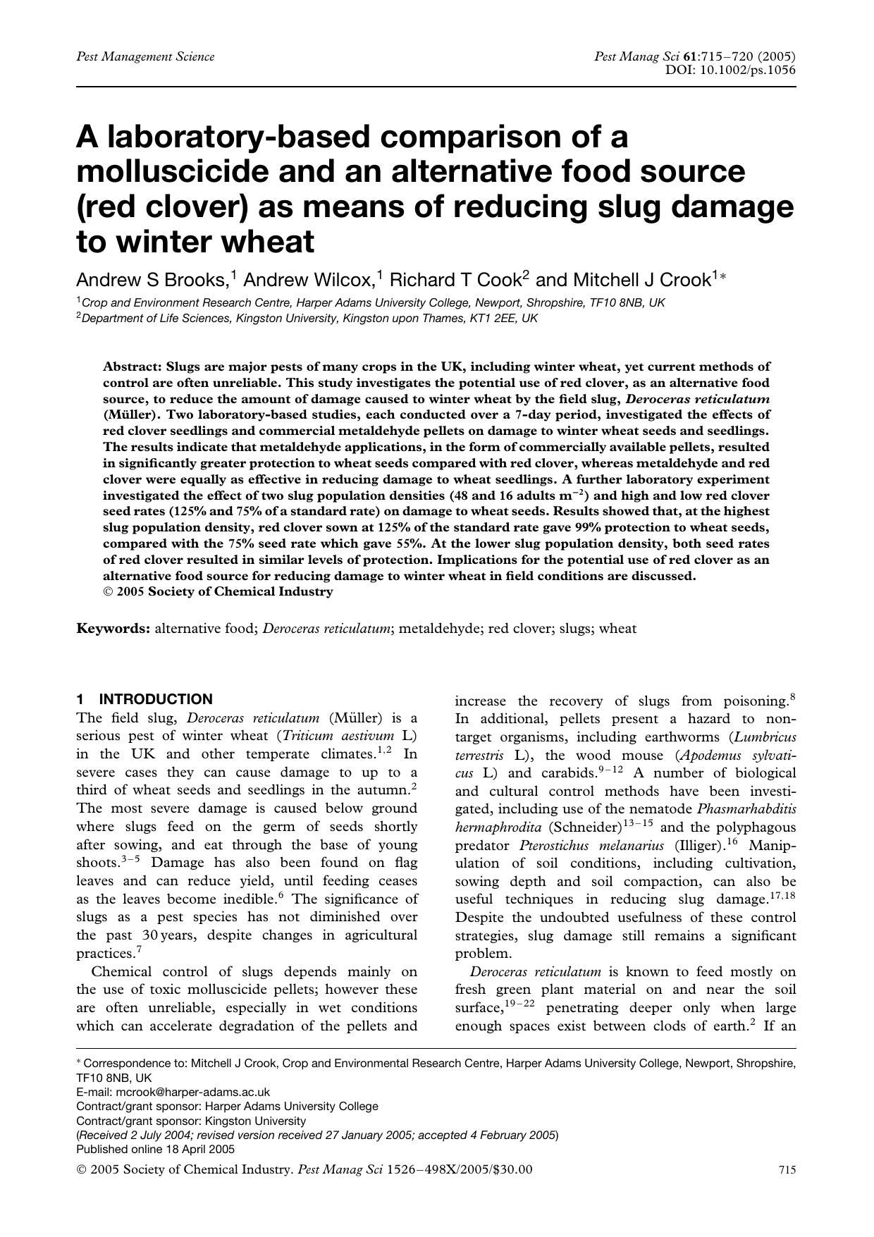 A laboratory-based comparison of a molluscicide and an alternative food source (red clover) as means of reducing slug damage to winter wheat by Unknown