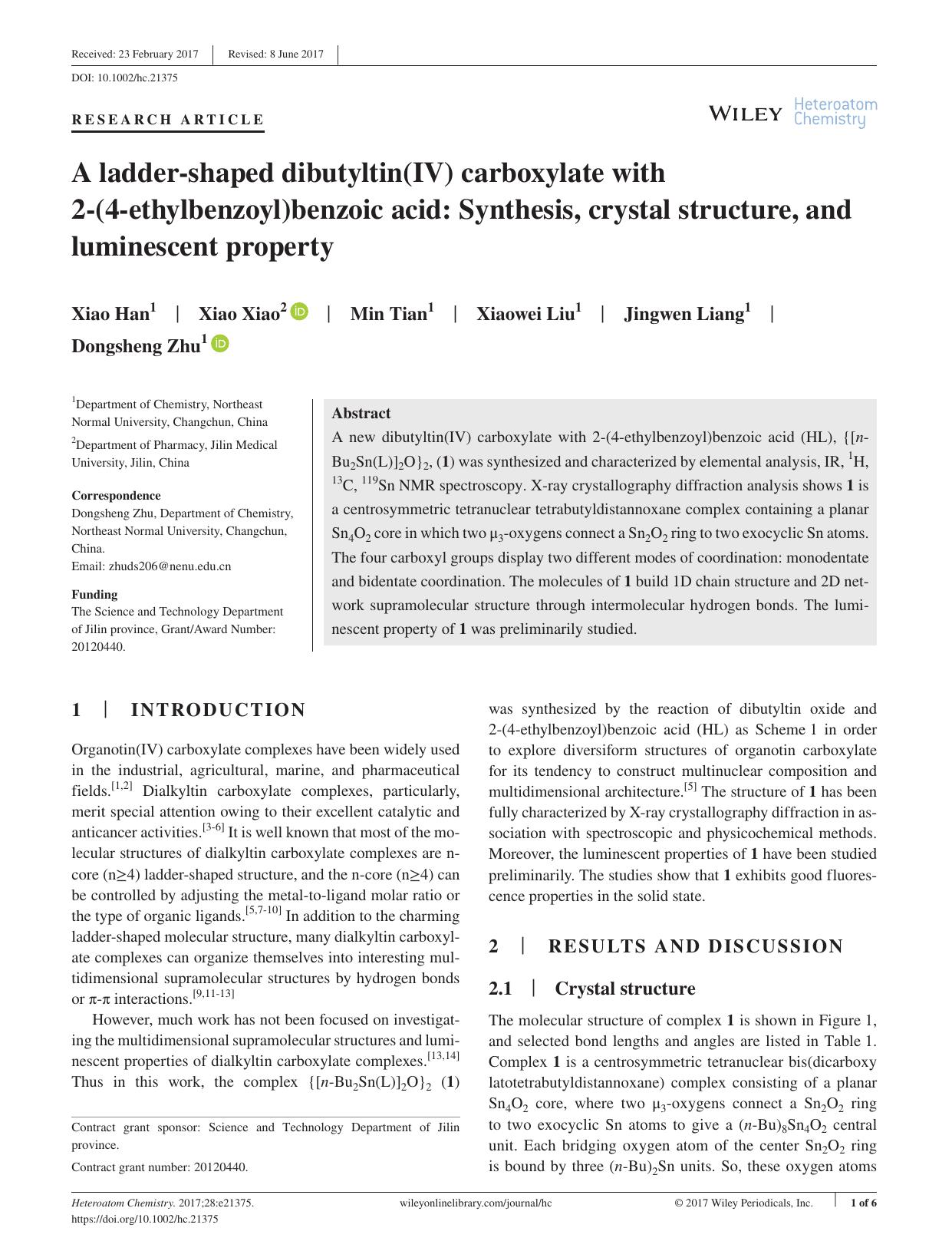 A ladderâshaped dibutyltin(IV) carboxylate with 2â(4âethylbenzoyl)benzoic acid: Synthesis, crystal structure, and luminescent property by Unknown