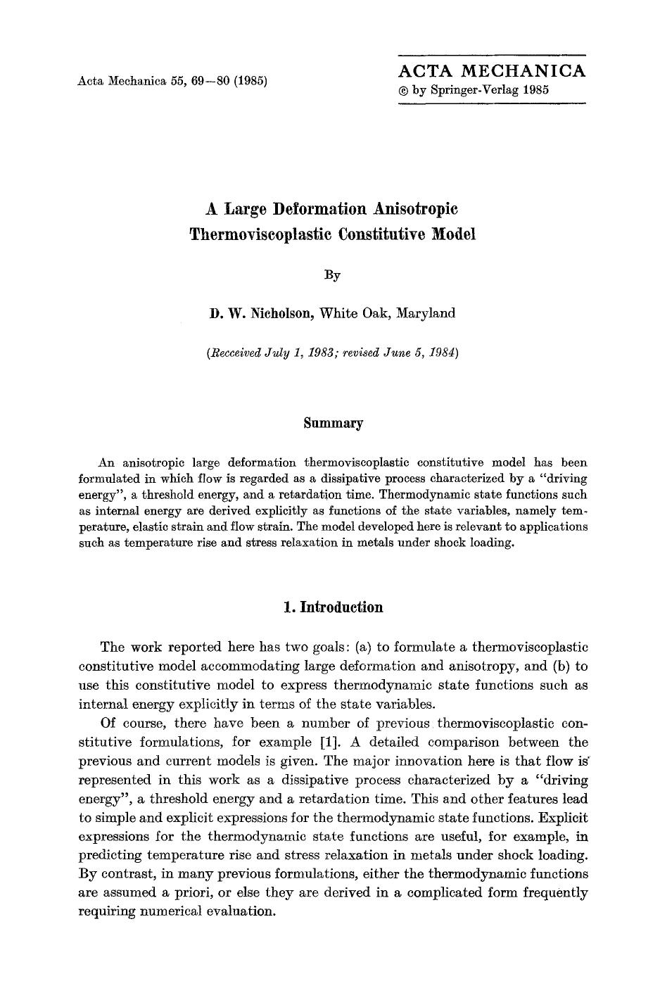 A large deformation anisotropic thermoviscoplastic constitutive model by Unknown