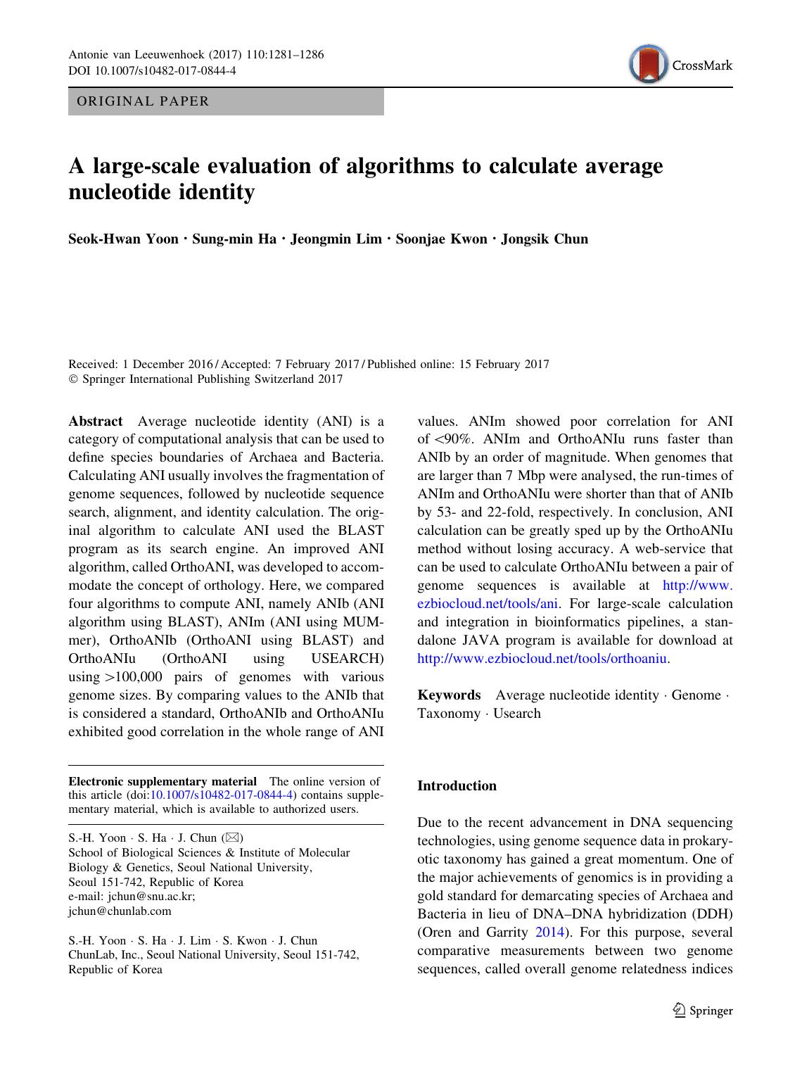 A large-scale evaluation of algorithms to calculate average nucleotide identity by Seok-Hwan Yoon & Sung-min Ha & Jeongmin Lim & Soonjae Kwon & Jongsik Chun