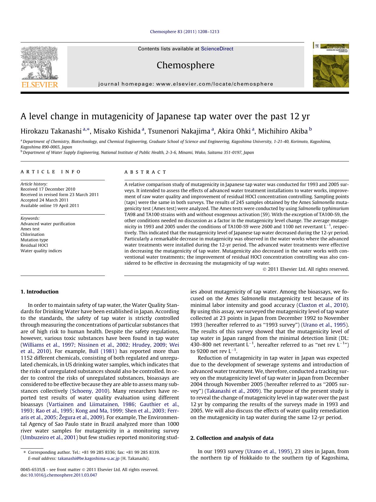 A level change in mutagenicity of Japanese tap water over the past 12yr by Hirokazu Takanashi & Misako Kishida & Tsunenori Nakajima & Akira Ohki & Michihiro Akiba