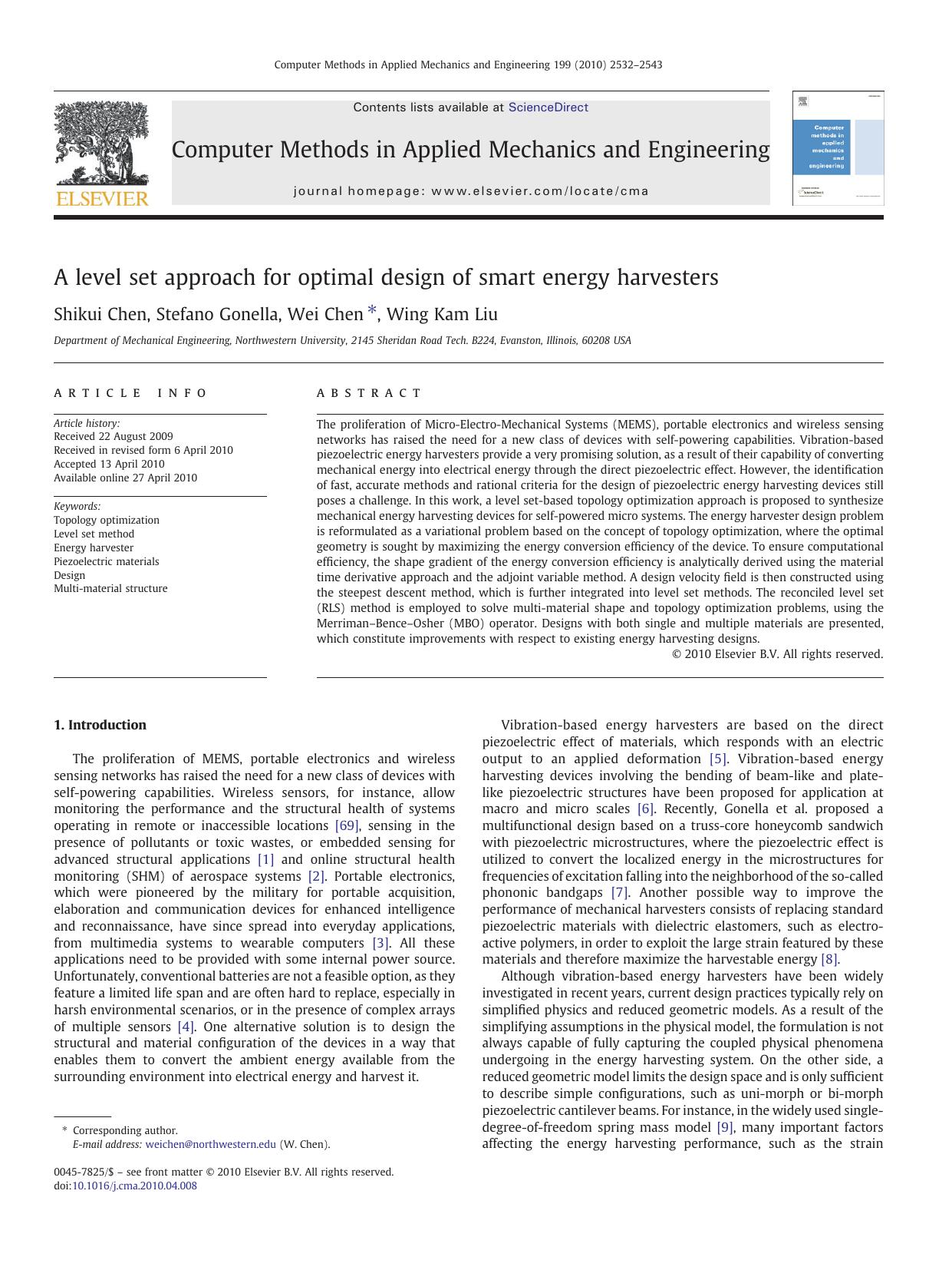 A level set approach for optimal design of smart energy harvesters by Shikui Chen & Stefano Gonella & Wei Chen & Wing Kam Liu