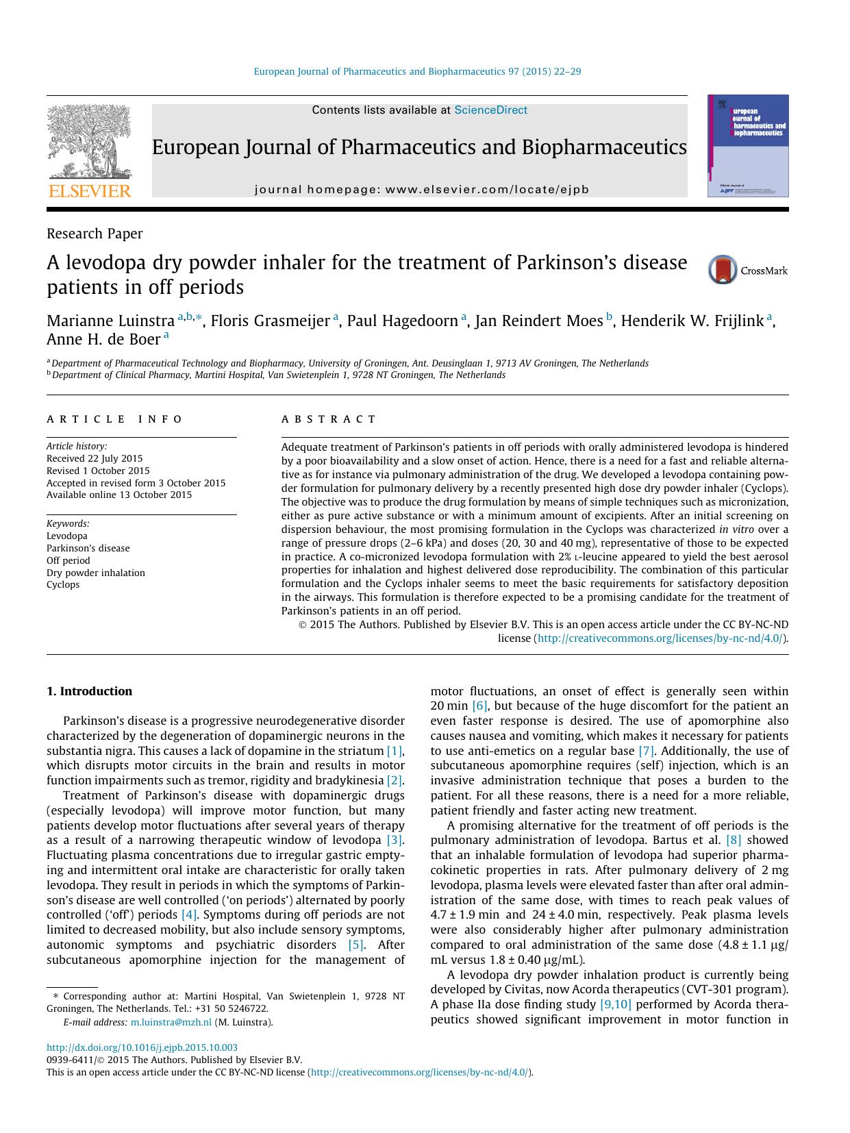 A levodopa dry powder inhaler for the treatment of ParkinsonÃ¢â¬â¢s disease patients in off periods by unknow