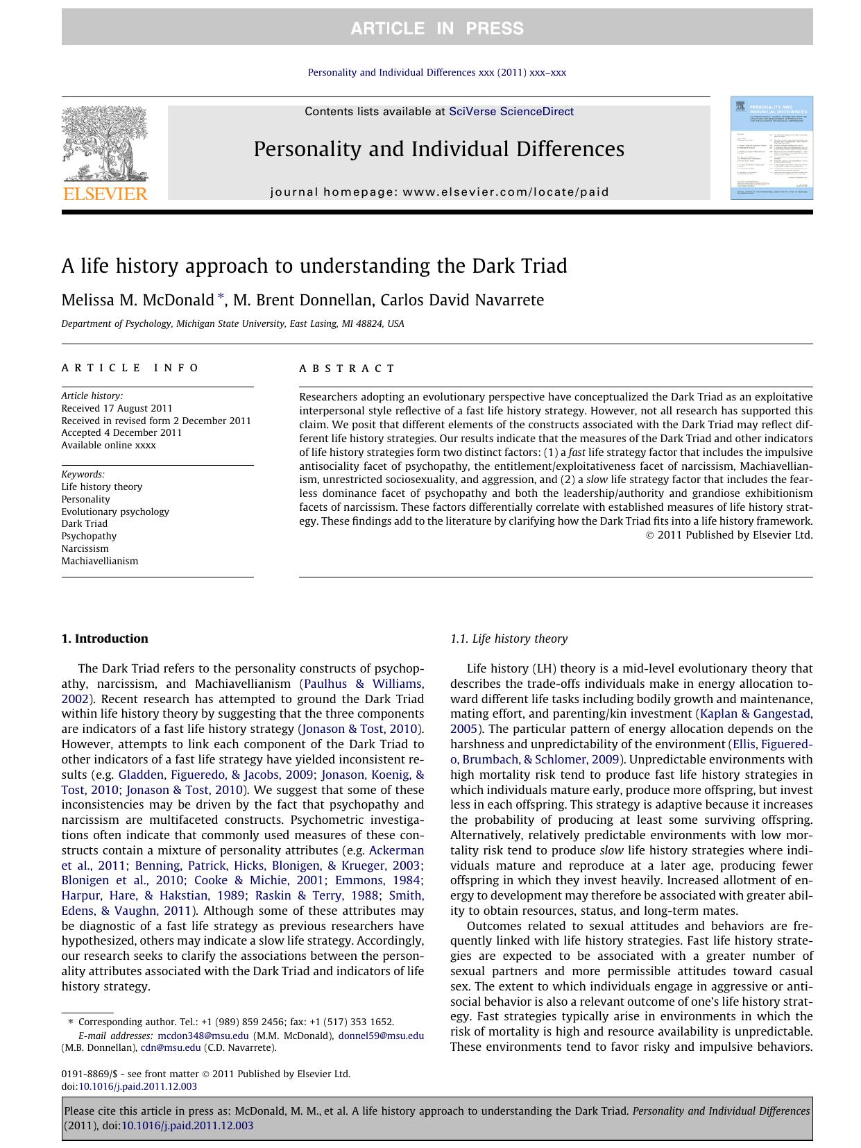 A life history approach to understanding the Dark Triad by Melissa M. McDonald & M. Brent Donnellan & Carlos David Navarrete