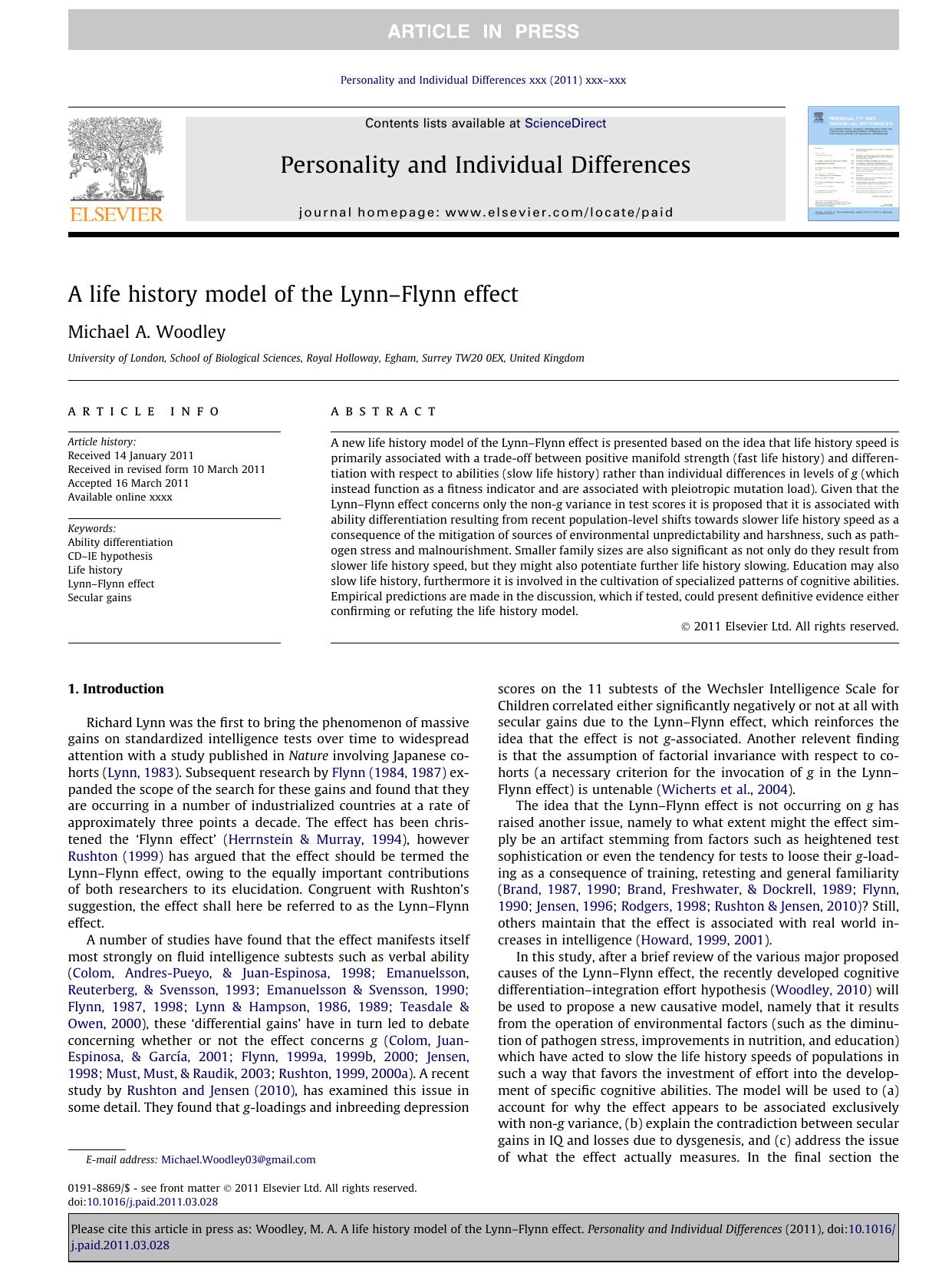 A life history model of the LynnÃ¢â¬âFlynn effect by Michael A. Woodley