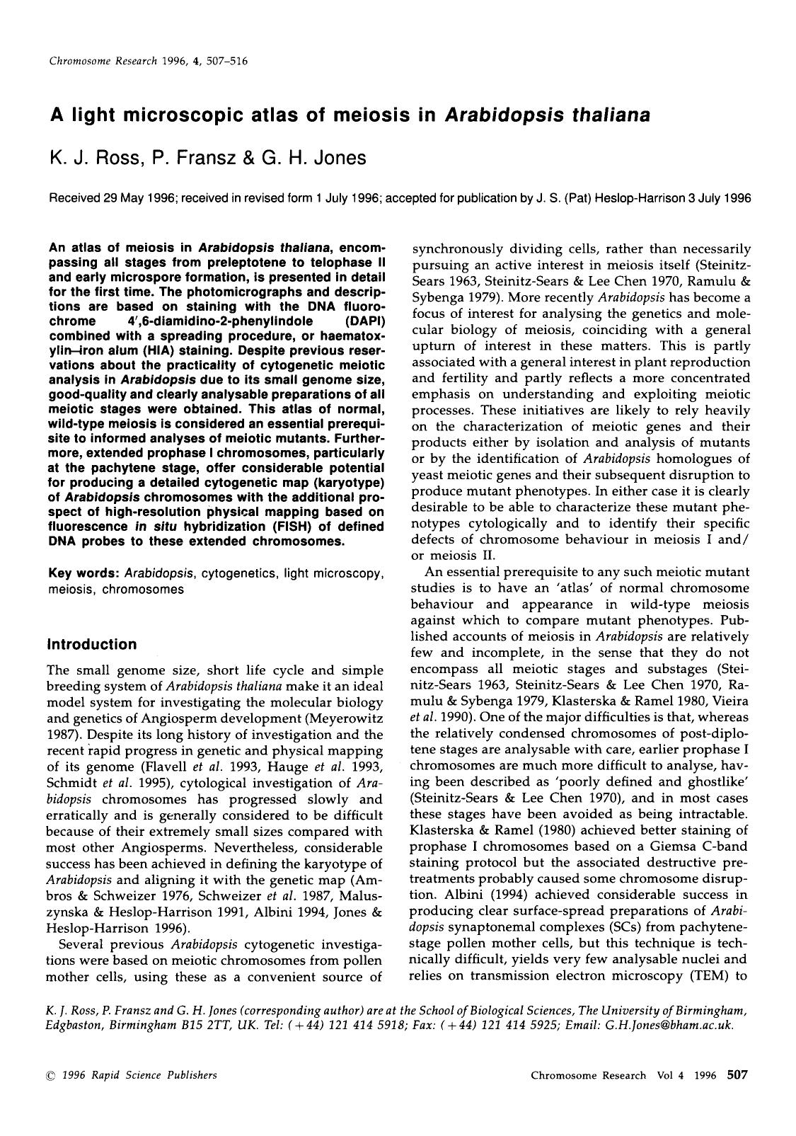 A light microscopic atlas of meiosis in <Emphasis Type="Italic">Arabidopsis thaliana <Emphasis> by Unknown