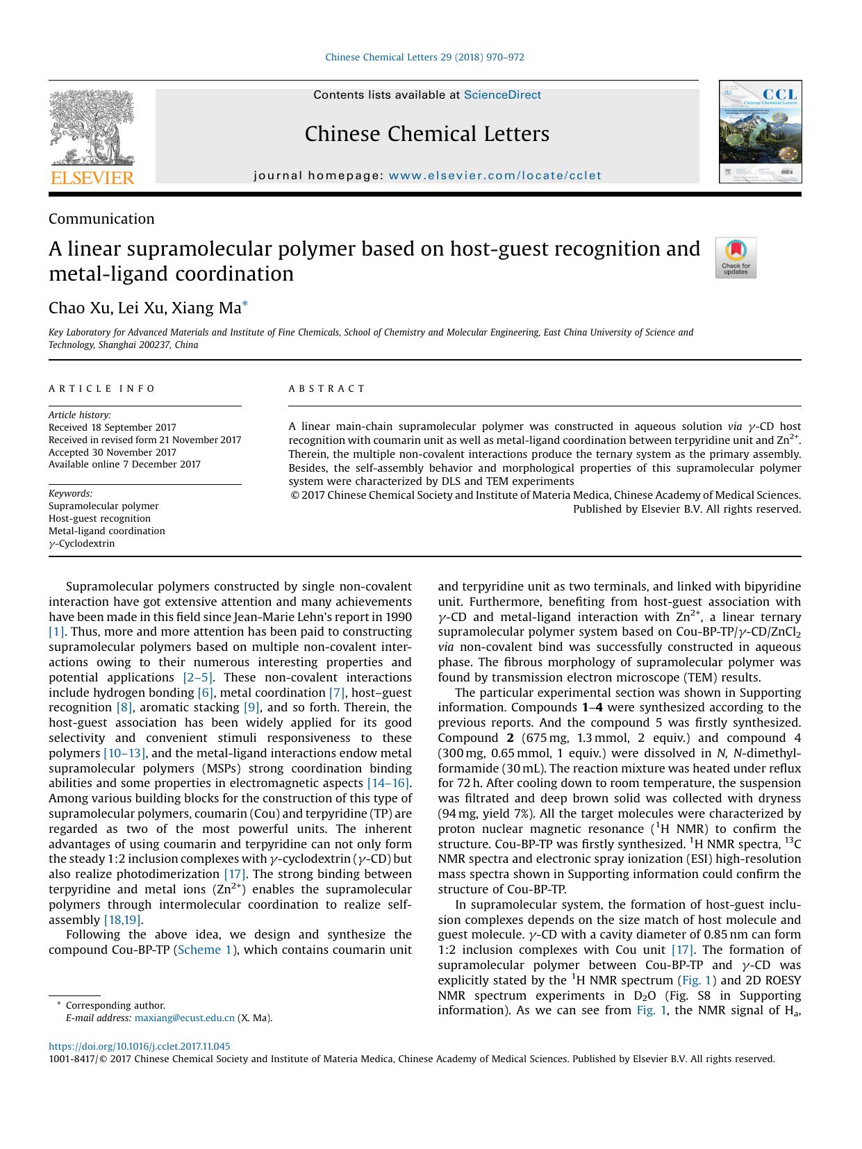 A linear supramolecular polymer based on host-guest recognition and metal-ligand coordination by Chao Xu & Lei Xu & Xiang Ma