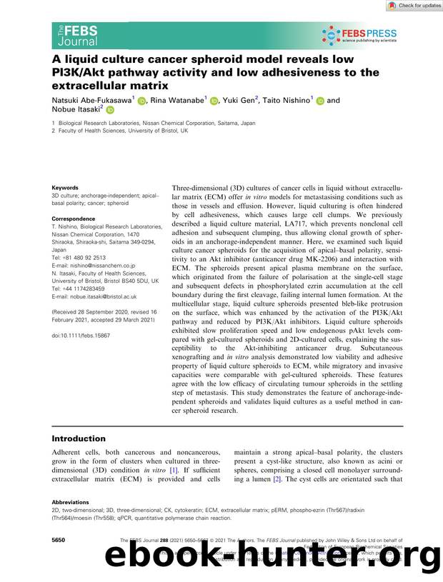 A liquid culture cancer spheroid model reveals low PI3KAkt pathway activity and low adhesiveness to the extracellular matrix by Unknown