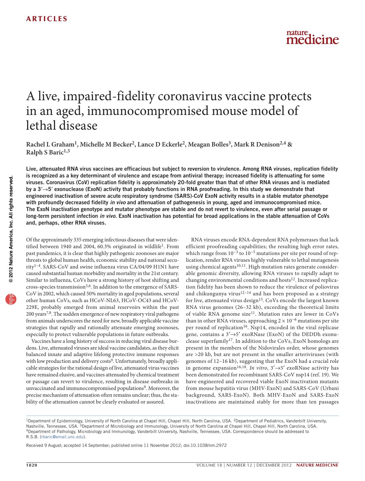 A live, impaired-fidelity coronavirus vaccine protects in an aged, immunocompromised mouse model of lethal disease by unknow