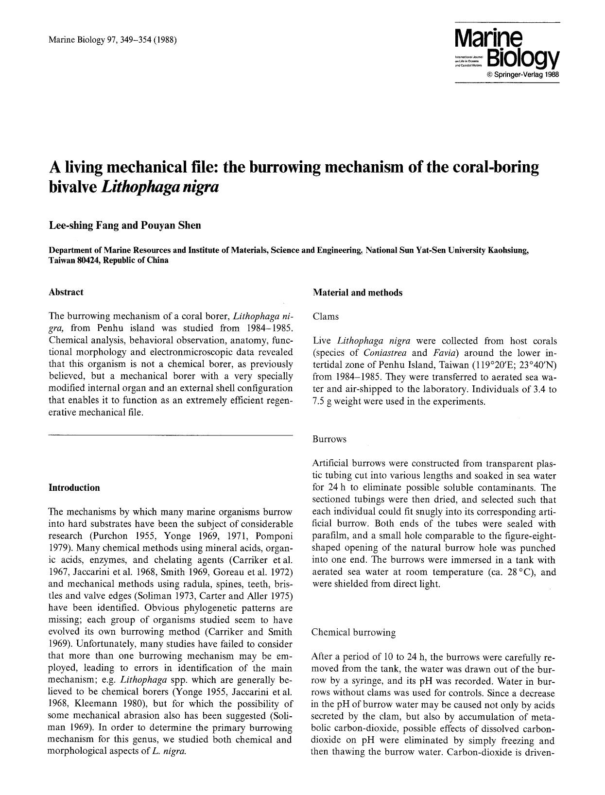 A living mechanical file: the burrowing mechanism of the coral-boring bivalve <Emphasis Type="Italic">Lithophaga nigra<Emphasis> by Unknown