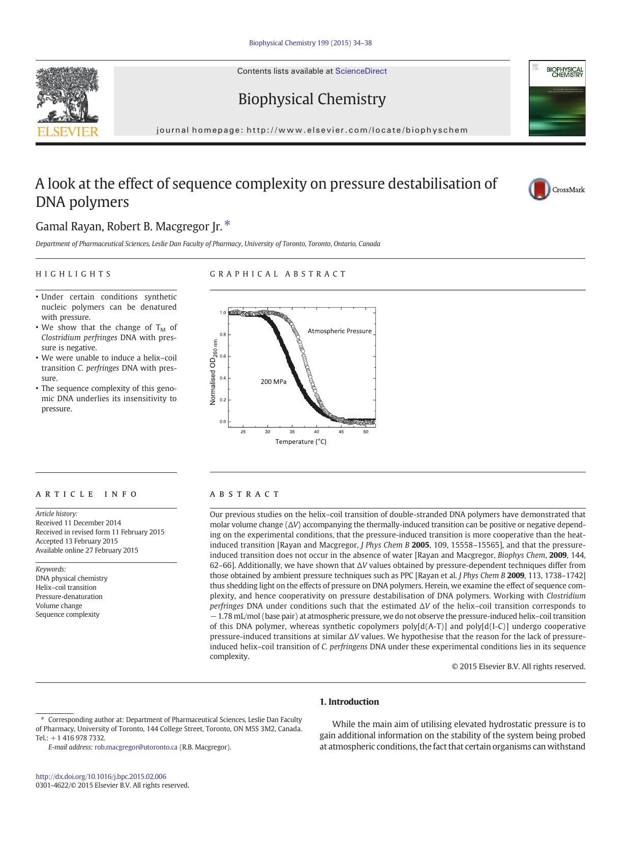 A look at the effect of sequence complexity on pressure destabilisation of DNA polymers by Gamal Rayan & Robert B. Macgregor Jr