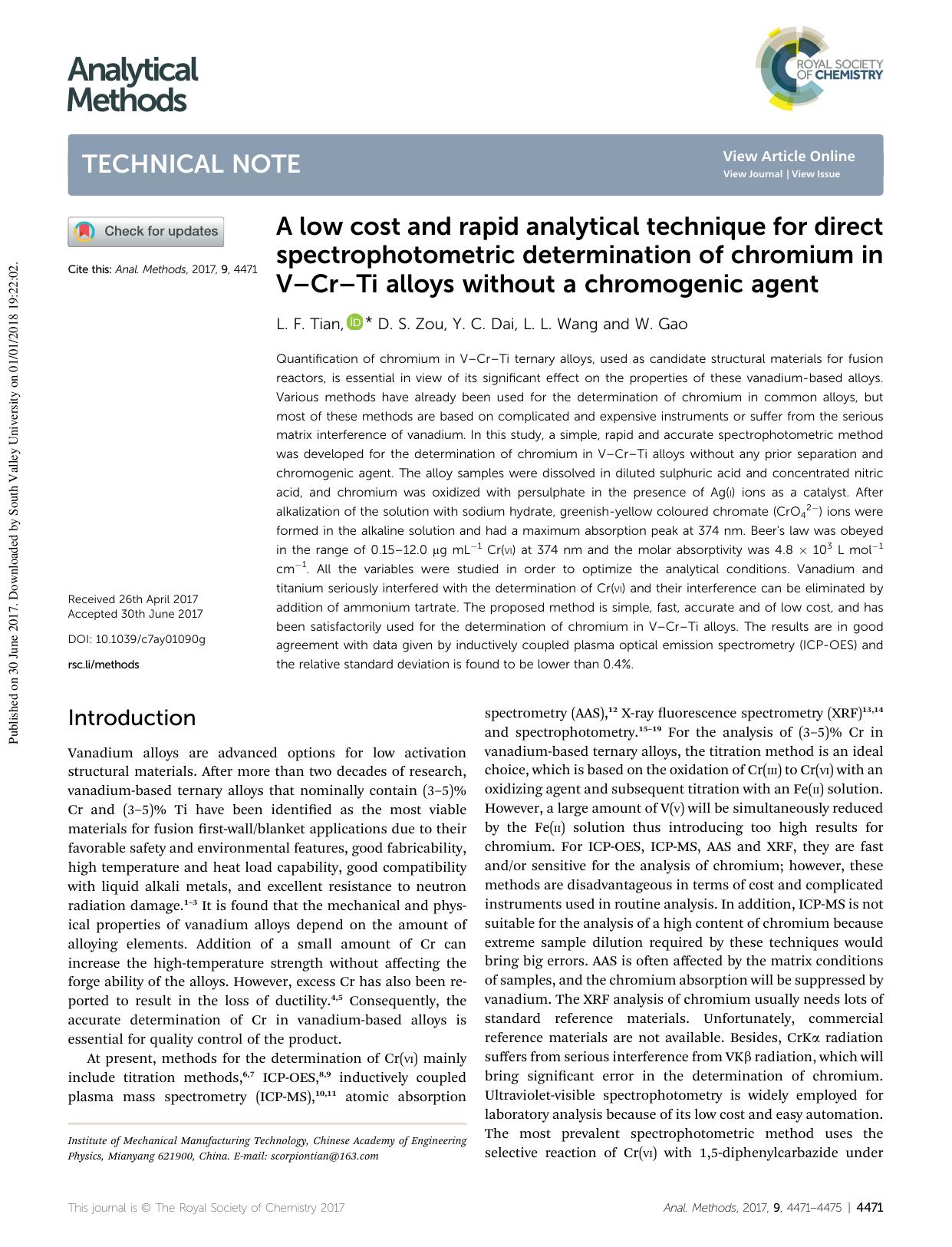 A low cost and rapid analytical technique for direct spectrophotometric determination of chromium in VâCrâTi alloys without a chromogenic agent by L. F. Tian & D. S. Zou & Y. C. Dai & L. L. Wang & W. Gao