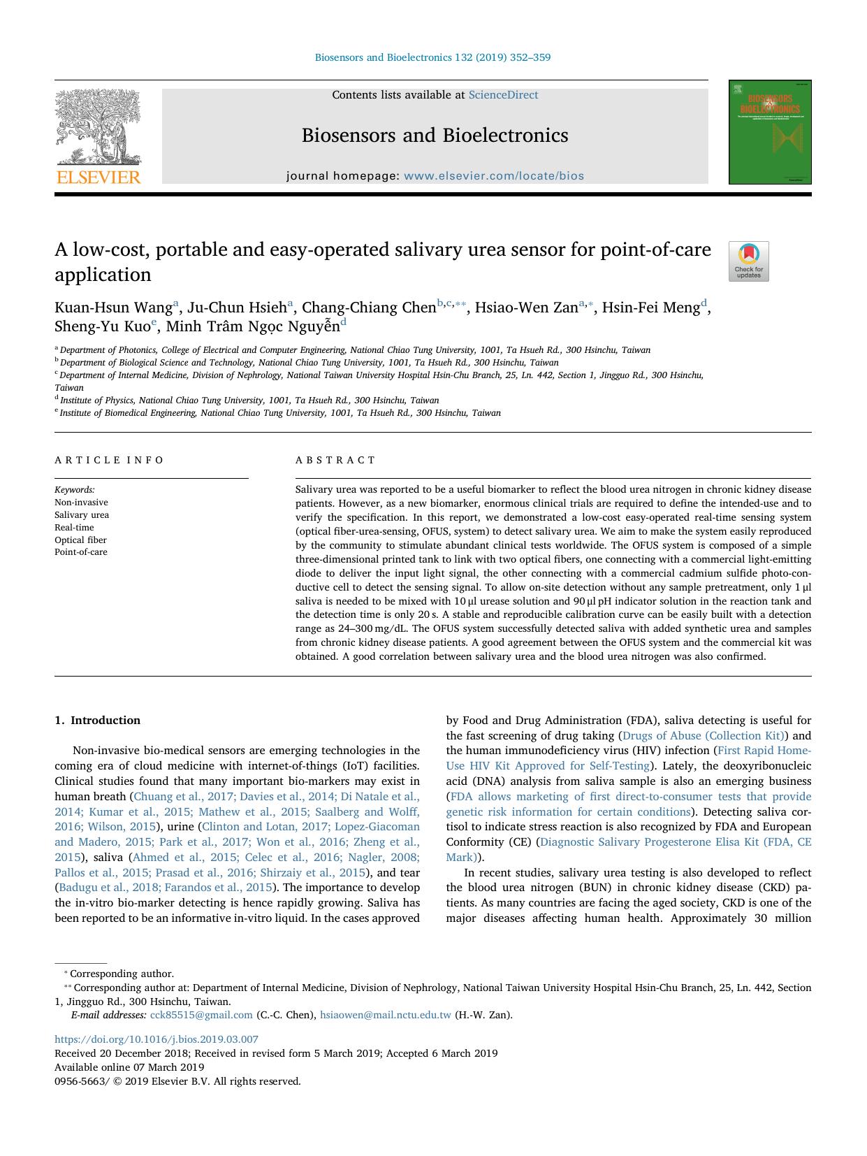 A low-cost, portable and easy-operated salivary urea sensor for point-of-care application by unknow