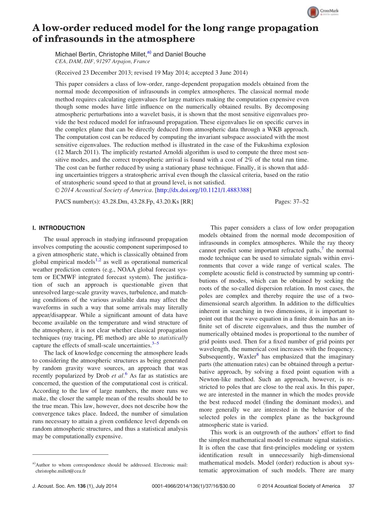 A low-order reduced model for the long range propagation of infrasounds in the atmosphere by Michael Bertin & Christophe Millet & Daniel Bouche