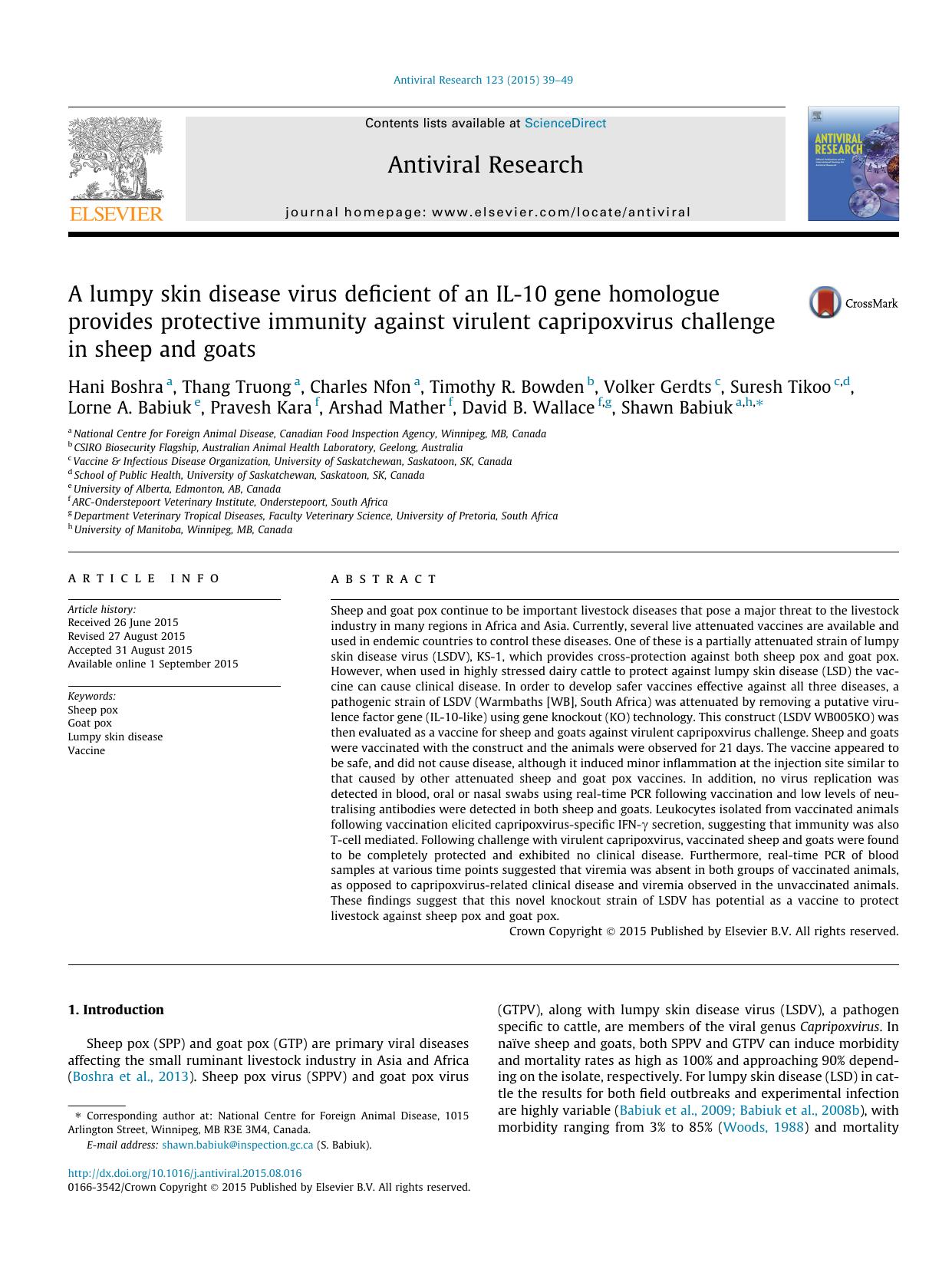 A lumpy skin disease virus deficient of an IL-10 gene homologue provides protective immunity against virulent capripoxvirus challenge in sheep and goats by unknow